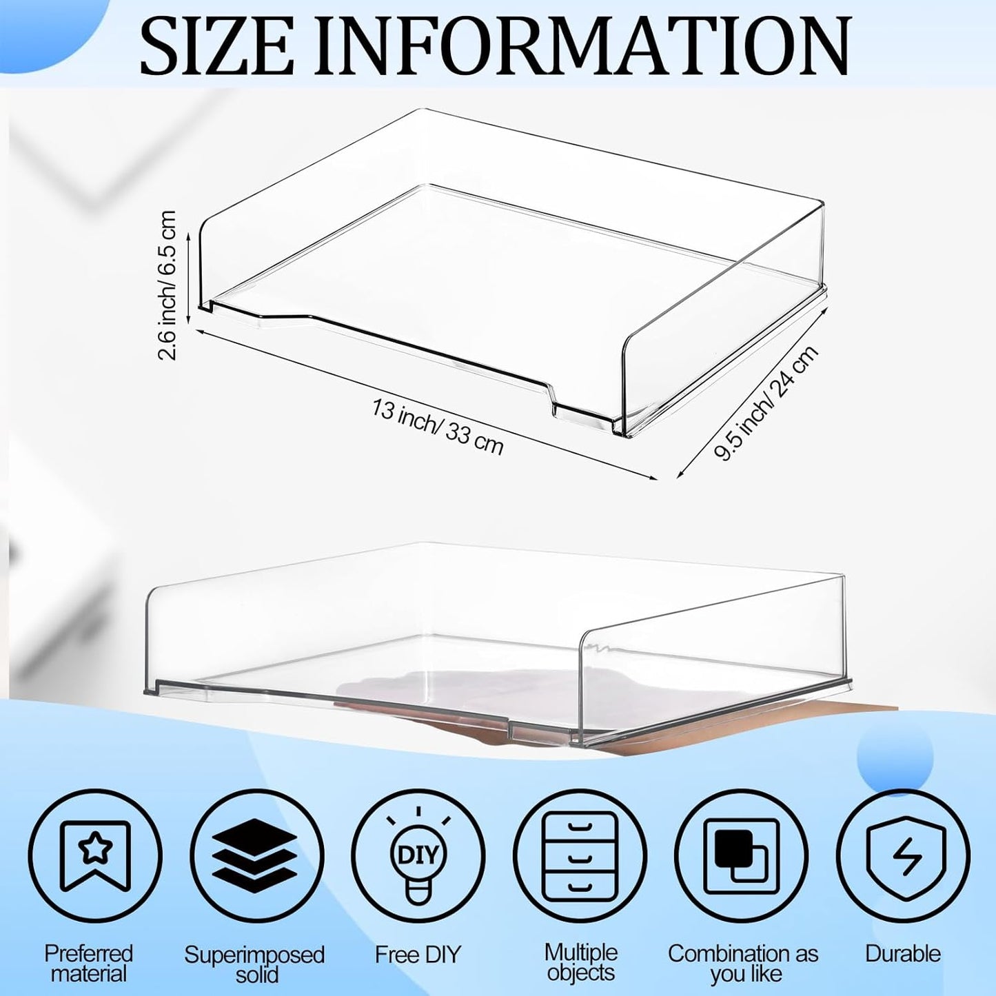 2 Pcs Stackable Letter Tray Rectangular Plastic Desk Organizer 13 x 9.5 x 2.6 in Paper Holder File Tray Accessories Rack for Desktop Office Desk Drawers (Clear)