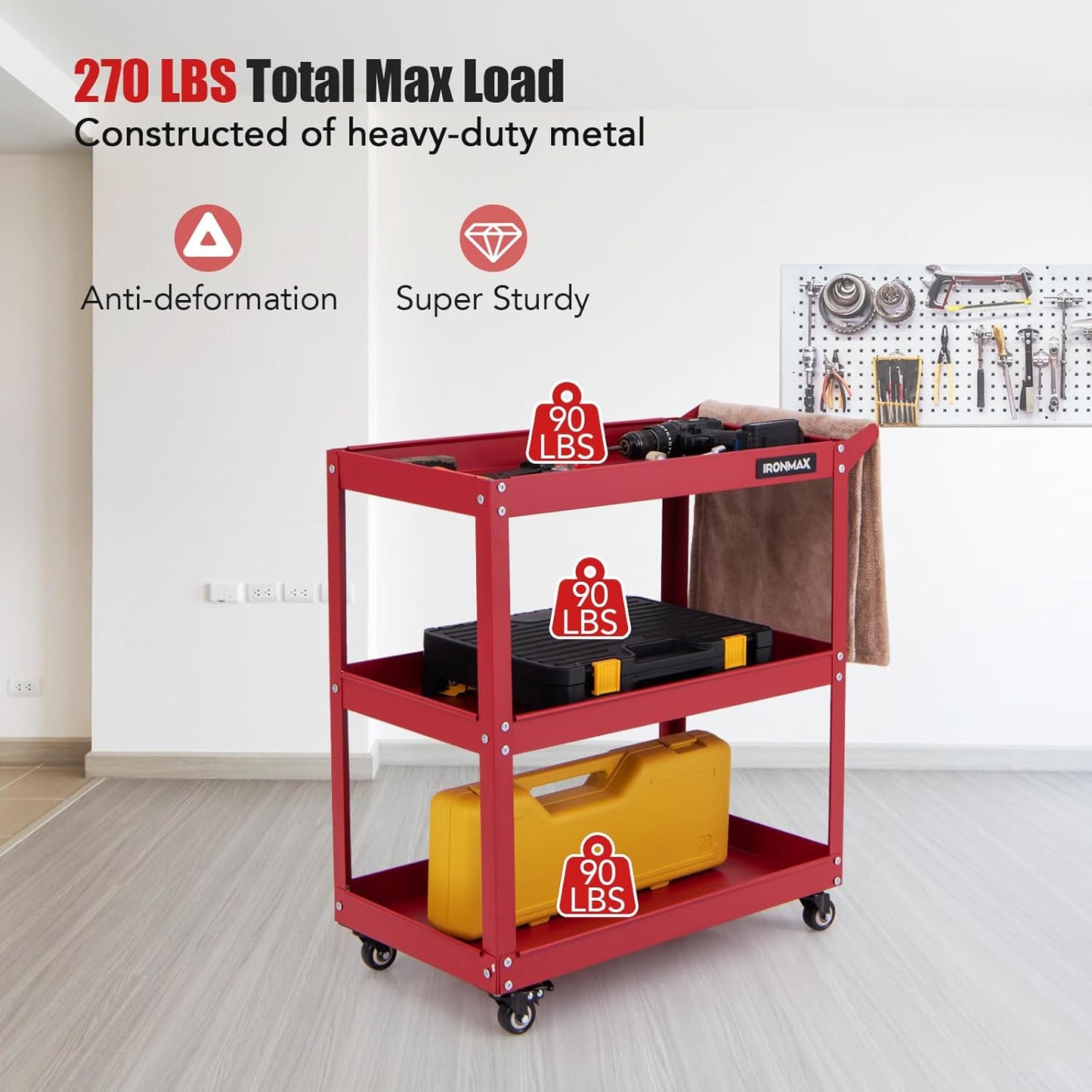 Goplus 3-Tier Utility Cart, Heavy Duty Commercial Service Tool Cart w/3 Spacious Shelves, 4 Universal Wheels with 2 Brakes, Rolling Mechanic Tool Cart Storage Organizer for Warehouse Garage