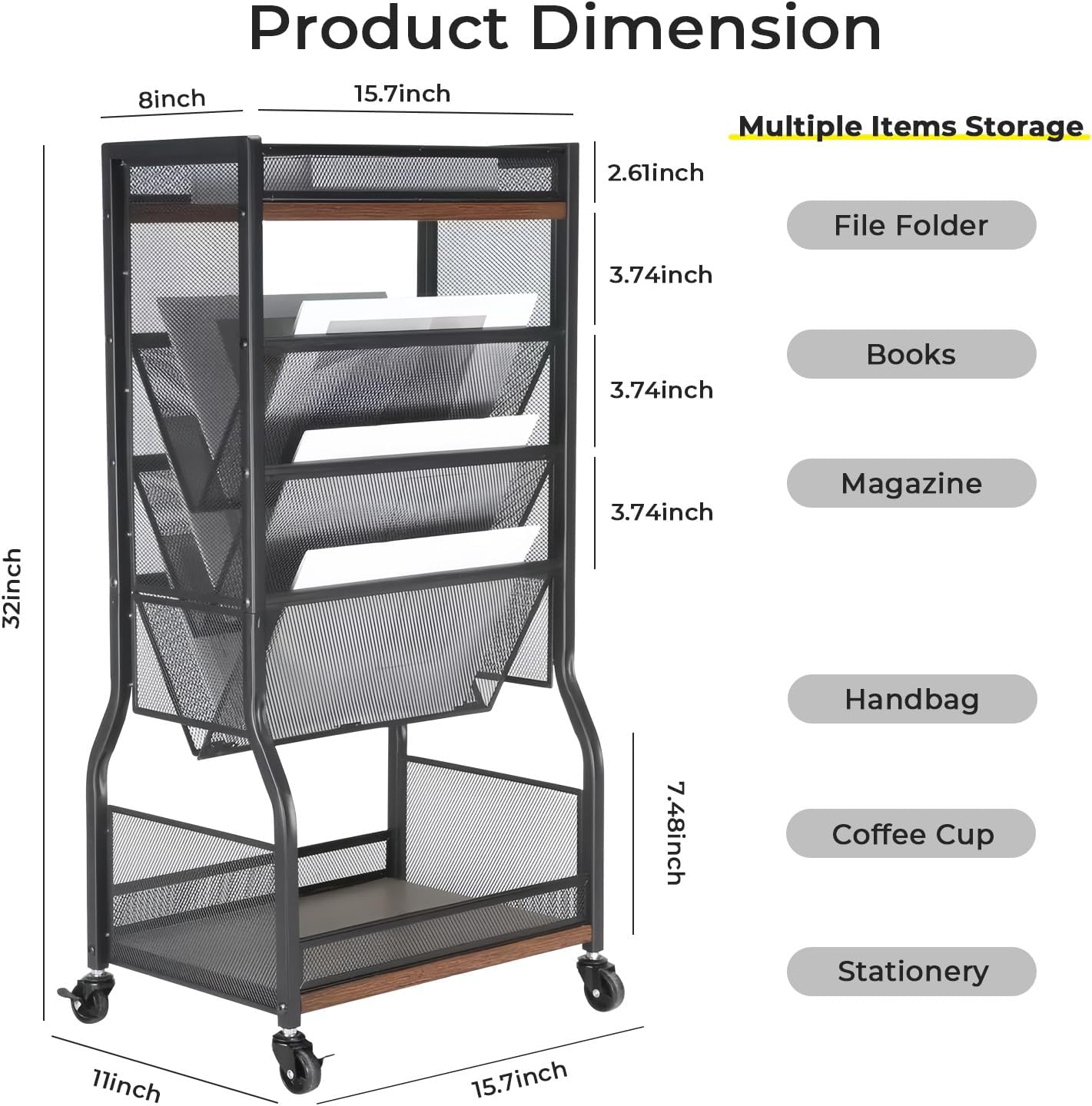 8-Tier Rolling File Cart with Lockable Wheels, Dual-Sided Bookshelf and Storage Racks, Easy to Assemble Space-Saving Utility Organizer for Home, Office, Classroom, School, or Living Room