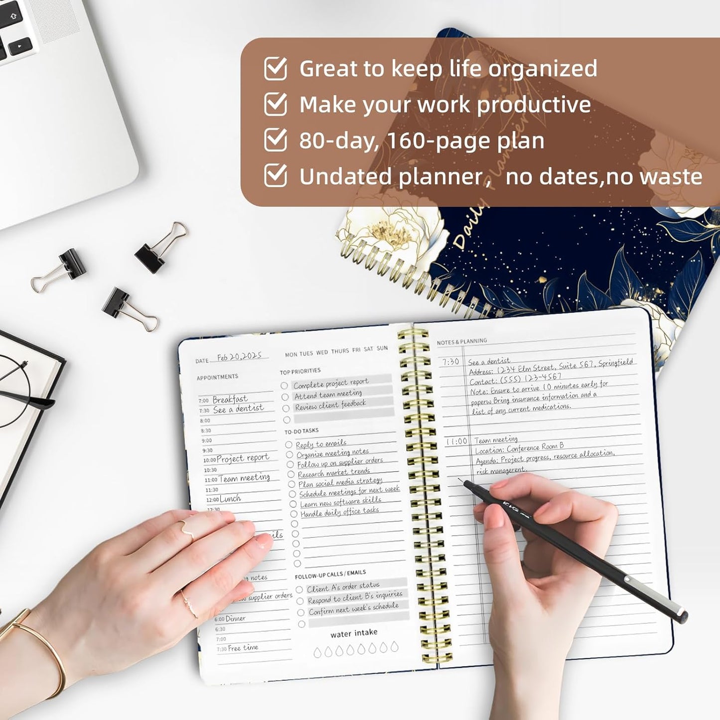 Undated Daily Planner - Spiral Notebook 80 Days One Day Per Page, Hourly Schedule, To-Do List, Notes, Everyday Planning Task, A5 Hardcover Journal Organizer Book Women Cute Aesthetic, Flower