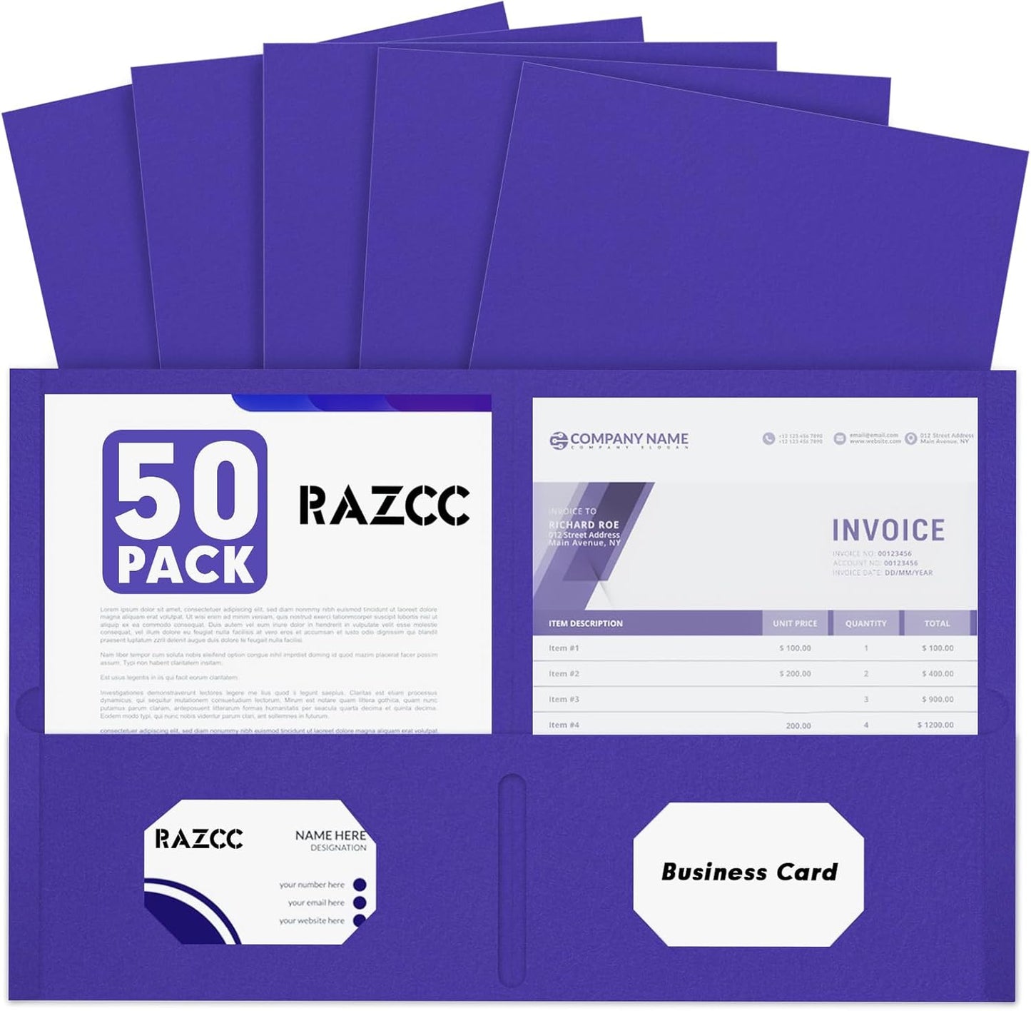 Two Pocket Folders, RAZCC 50 Pack 2 Pocket Folders Fit Letter Size Paper, Paper Folders with Pockets for School Office Business Home, Purple