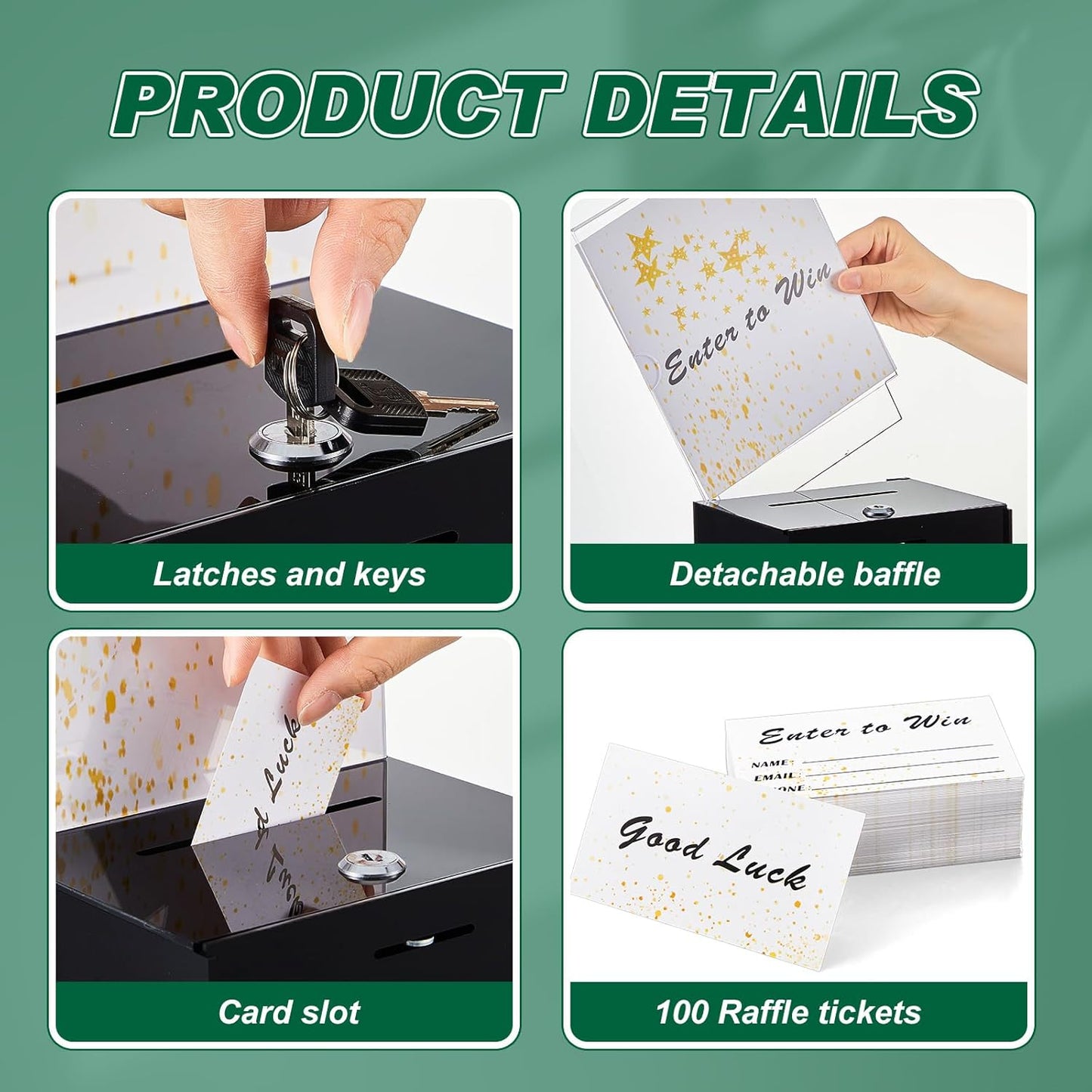 Teling Tall Acrylic Donation Box with Lock and Sign Plate Safe Suggestion Box with 100pcs Raffle Tickets Cards for Raffle, Money, Voting, Charity, Suggestion (Black)