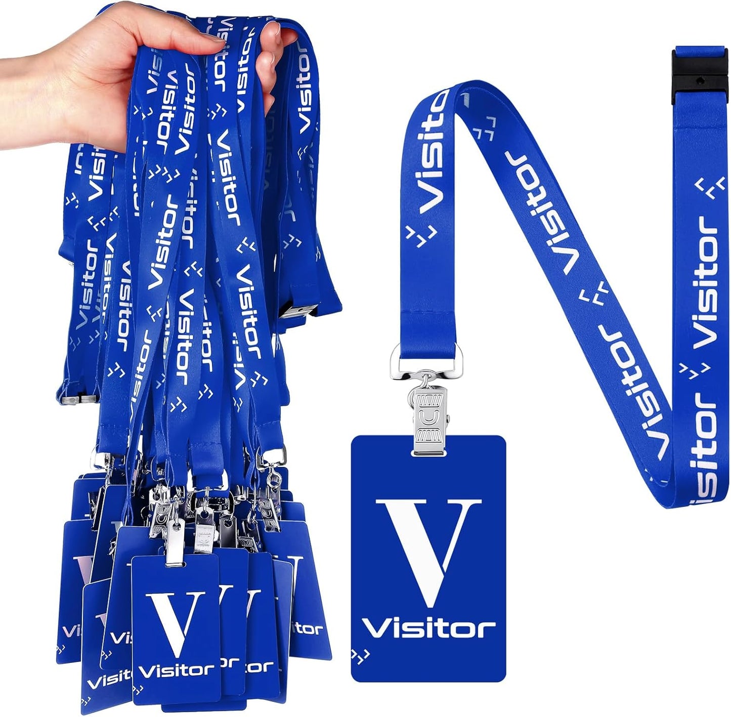 PerKoop 25 Pack Visitor Badge Lanyards Volunteer Badge Holder with Clips ID Card Holder with PVC Pass Card Reusable Breakaway Lanyards for Company Exhibition Guest Visitor(Blue)