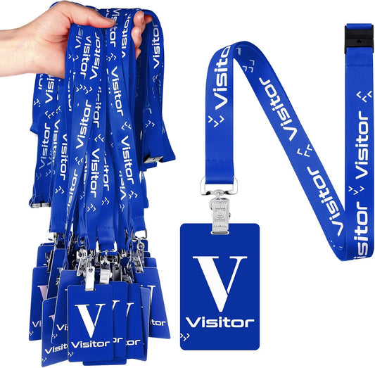 PerKoop 25 Pack Visitor Badge Lanyards Volunteer Badge Holder with Clips ID Card Holder with PVC Pass Card Reusable Breakaway Lanyards for Company Exhibition Guest Visitor(Blue)