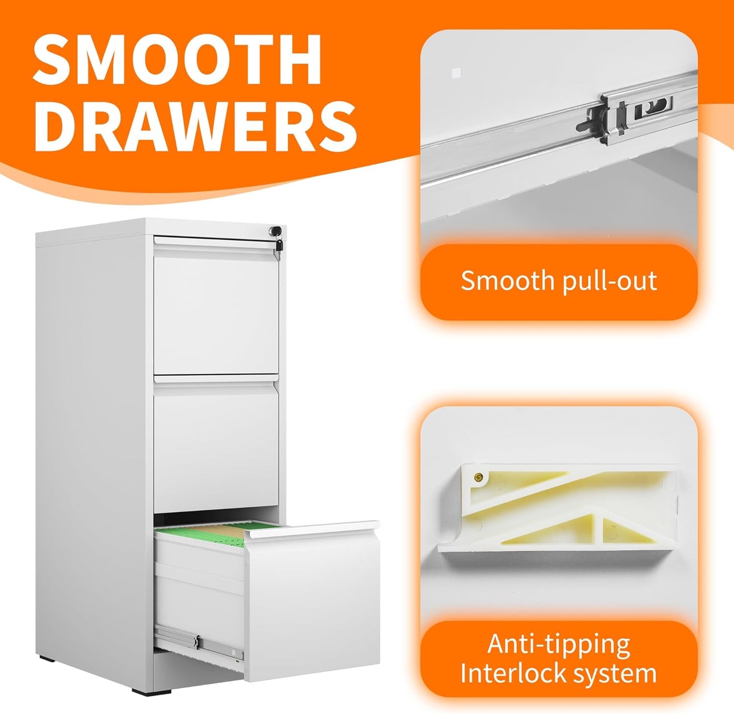 Metal File Cabinet with 3 Drawer Heavy Duty Locking File Cabinets Home Office Steel Filing Cabinet Vertical File Cabinets for Legal/Letter Size File,Assembly Required