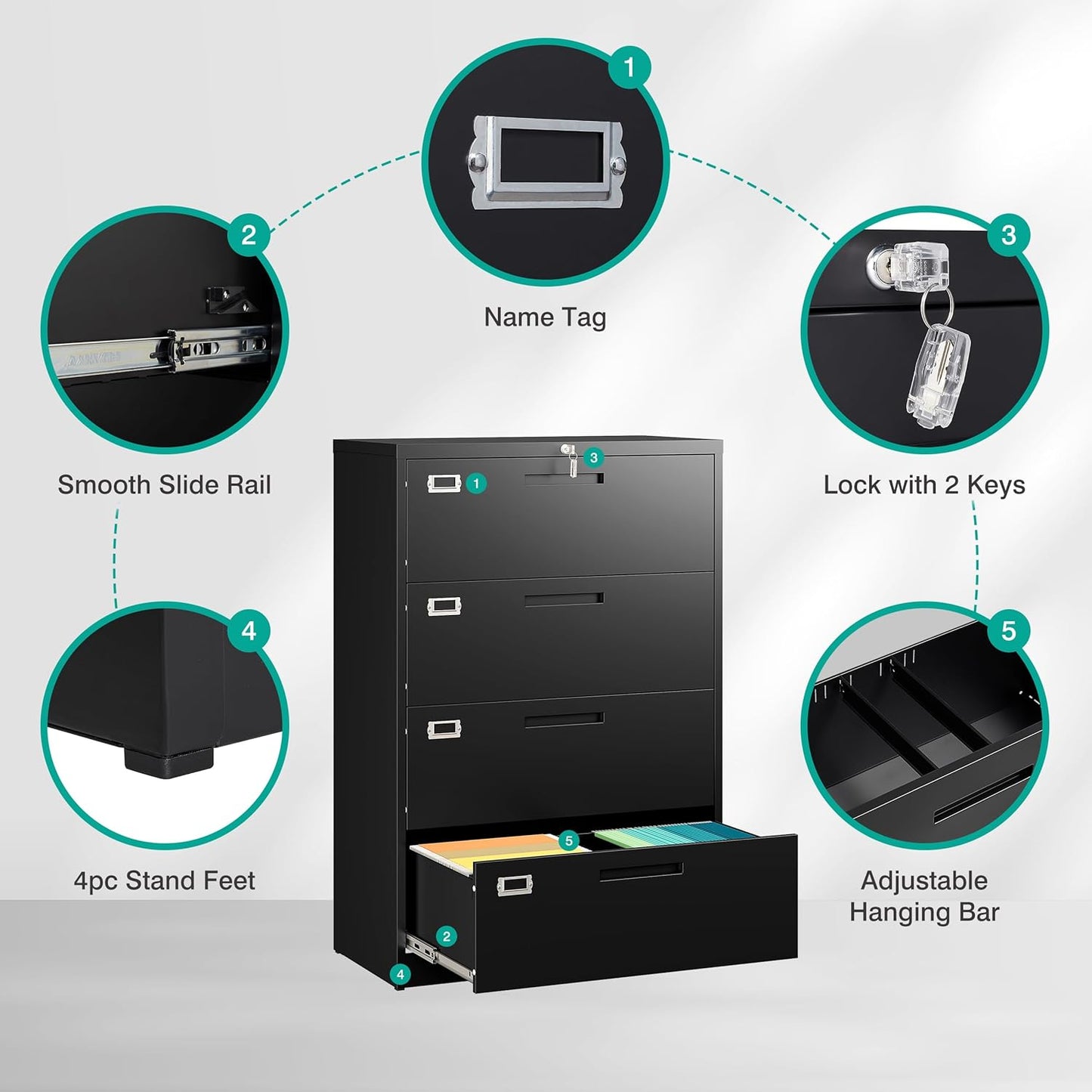 SISESOL 4 Drawer Lateral File Cabinet with Lock,Black Lateral Filing Cabinet,Horizontal Metal Filing Cabinet,Locked Wide Four Drawer File Cabinet for Office Home,Fit A4/F4/Letter/Legal File