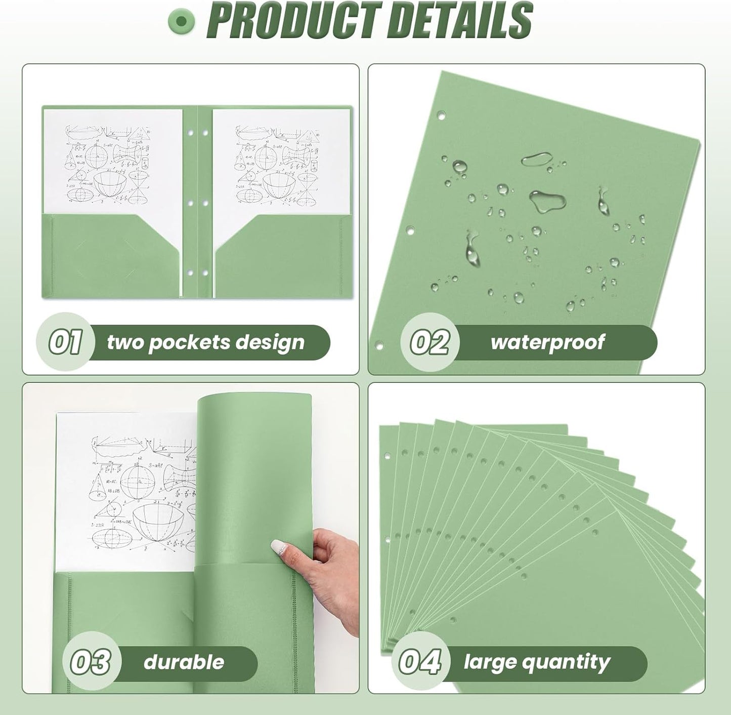 Yeaqee 100 Pcs Plastic Folders with Pockets Bulk 3 Hole Punched 2 Pocket File Folders for 3 Ring Binder Divider Folder for Notebooks, Durable Poly for Office Home (Sage Green)