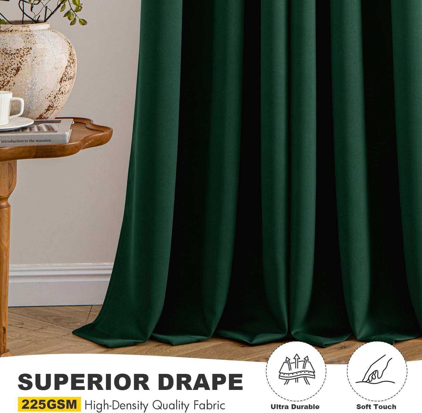 MIULEE Hunter Green Blackout Curtains for Bedroom Living Room 96 Inches Long 2 Panels, Thermal Insulated Room Darkening Drapes Solid Grommet Top Noise Reduction Emerald Green Curtains 40x96 Inch