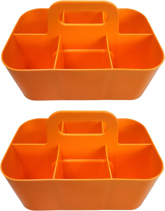 2 Pack Small 6 Compartment Multiuse Caddy Organizer with Handle Art Craft Supplies, Office, Desk, Stationery Pen Holder Stackable- Made In USA (Orange)