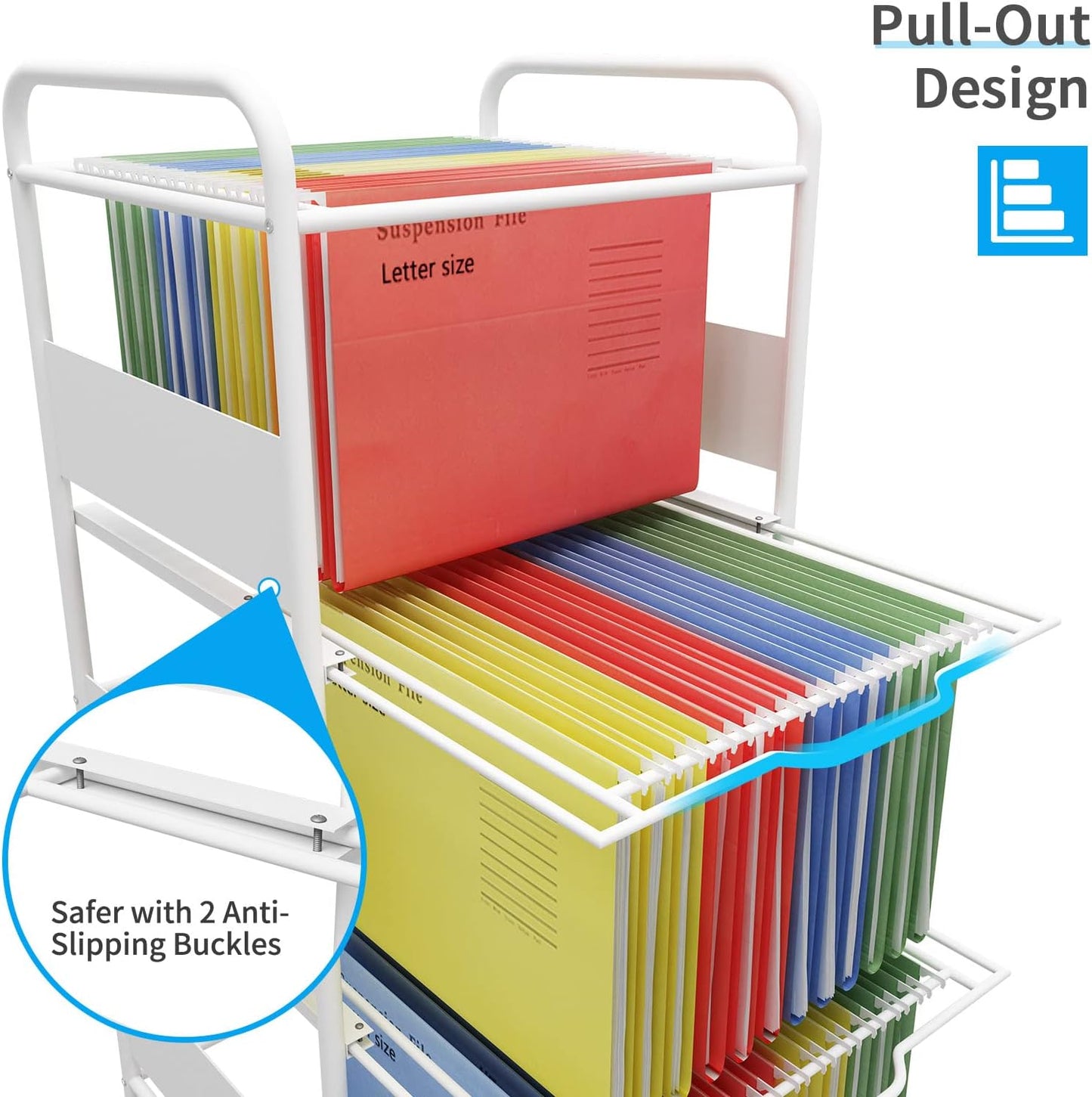 PUNCIA 3-Tier Metal Rolling File Cart with Wheels and Hanging Files for Letter Size - Movable Pull-Out Folder Rack Drawer Cabinet for Home Office