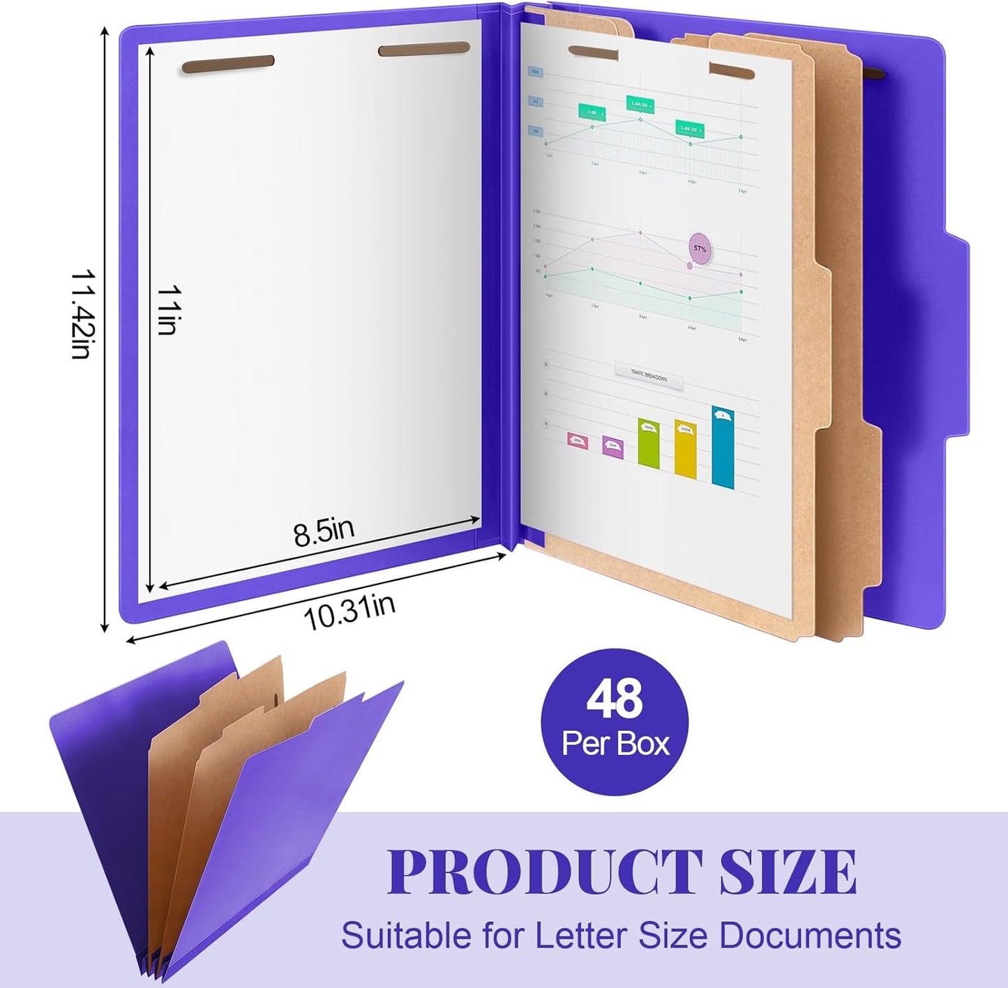 48 Pcs Classification Folders Letter Size, 2 Divider Pressboard File Folders with 3. 5 Inch Expansion, 2 Prongs Fastener, Heavy Duty Office File Organizers for Teachers, Medical (Purple)