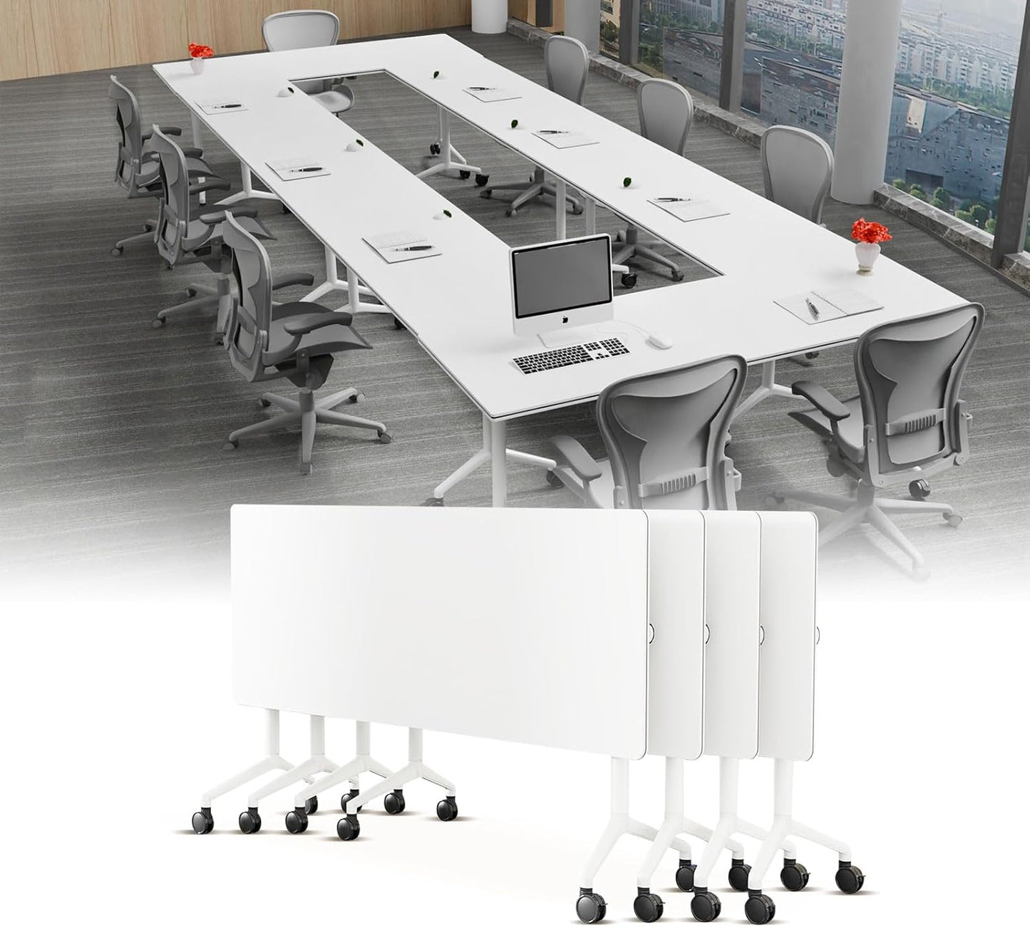 Conference Table, Folding Conference Desk Modern White, Seminar Table with Wheels, 2-10 People for Office, Meeting Break Room (4, 1915, 55IN)