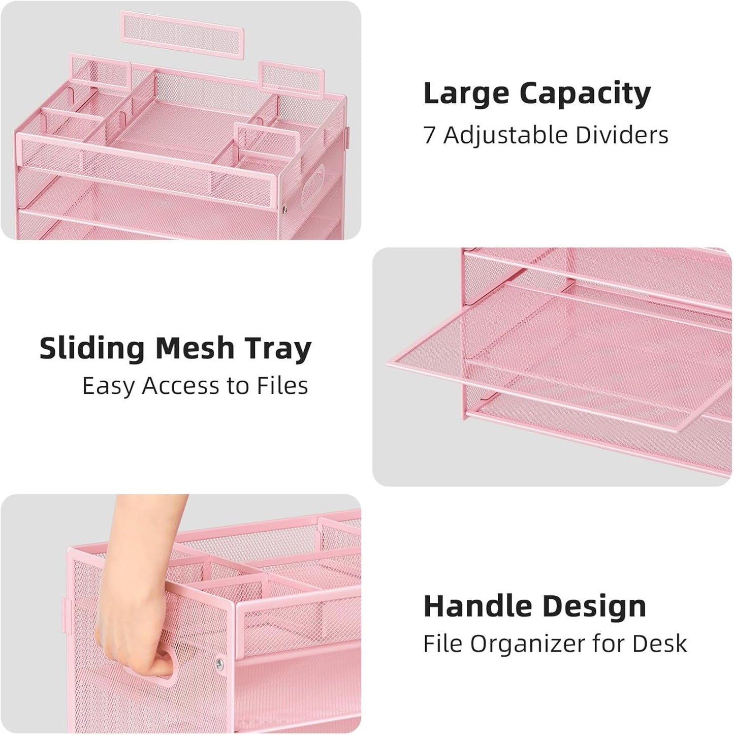 Marbrasse 5-Tier Letter Tray Paper Organizer with Handle, Multi-Functional Mesh File Organizer for Desk, Adjustable Compartments Mesh Desktop Storage for Office Supplies, Pink