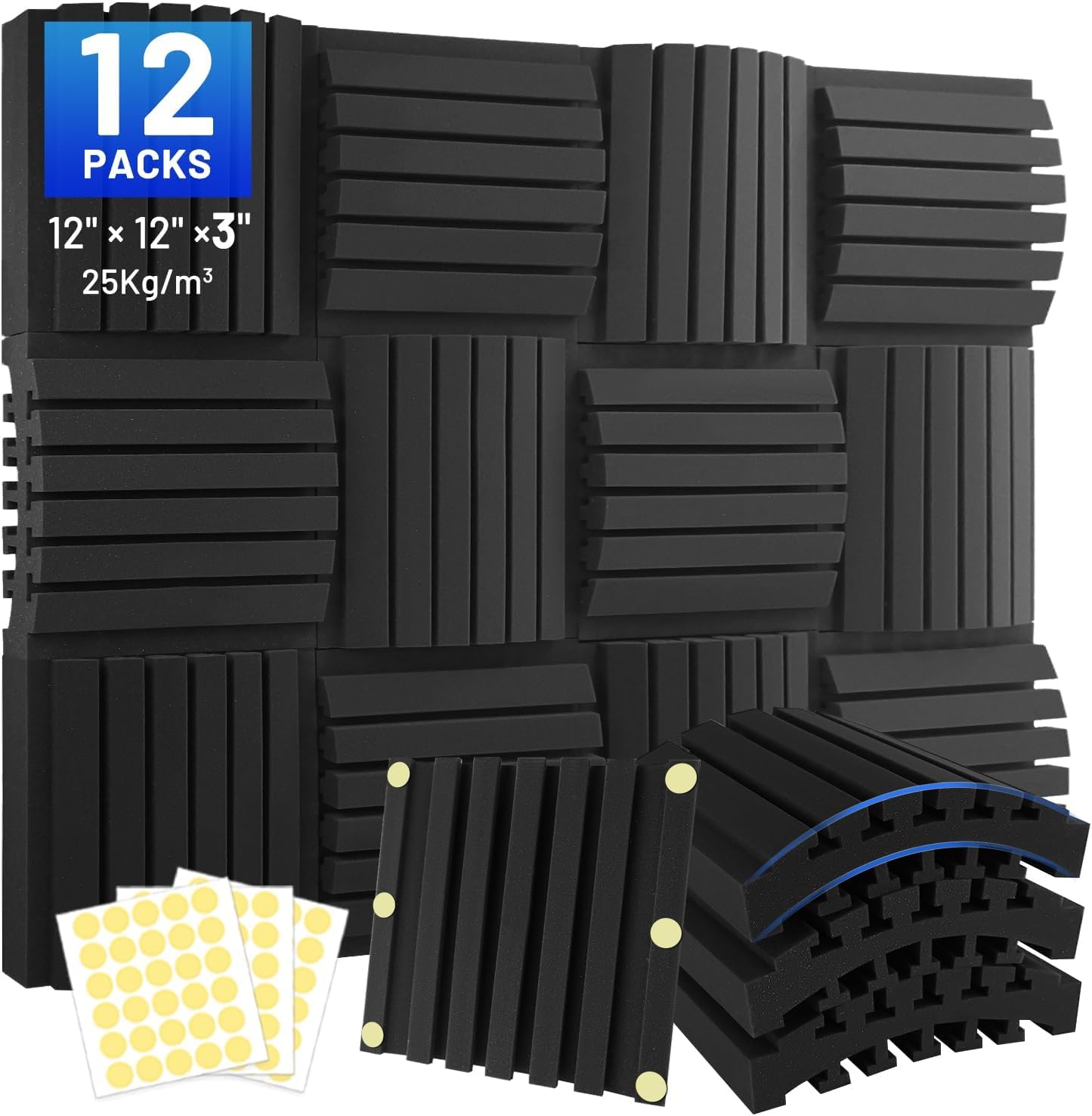 Sound Proof Foam Panels for Walls 12 Pack – 12x12x3 Inch Acoustic Noise Reducing Wall Panels, Absorbing Soundproofing Foam Dampening Panel Set with 90 PCS Strong Double-Sided Adhesives
