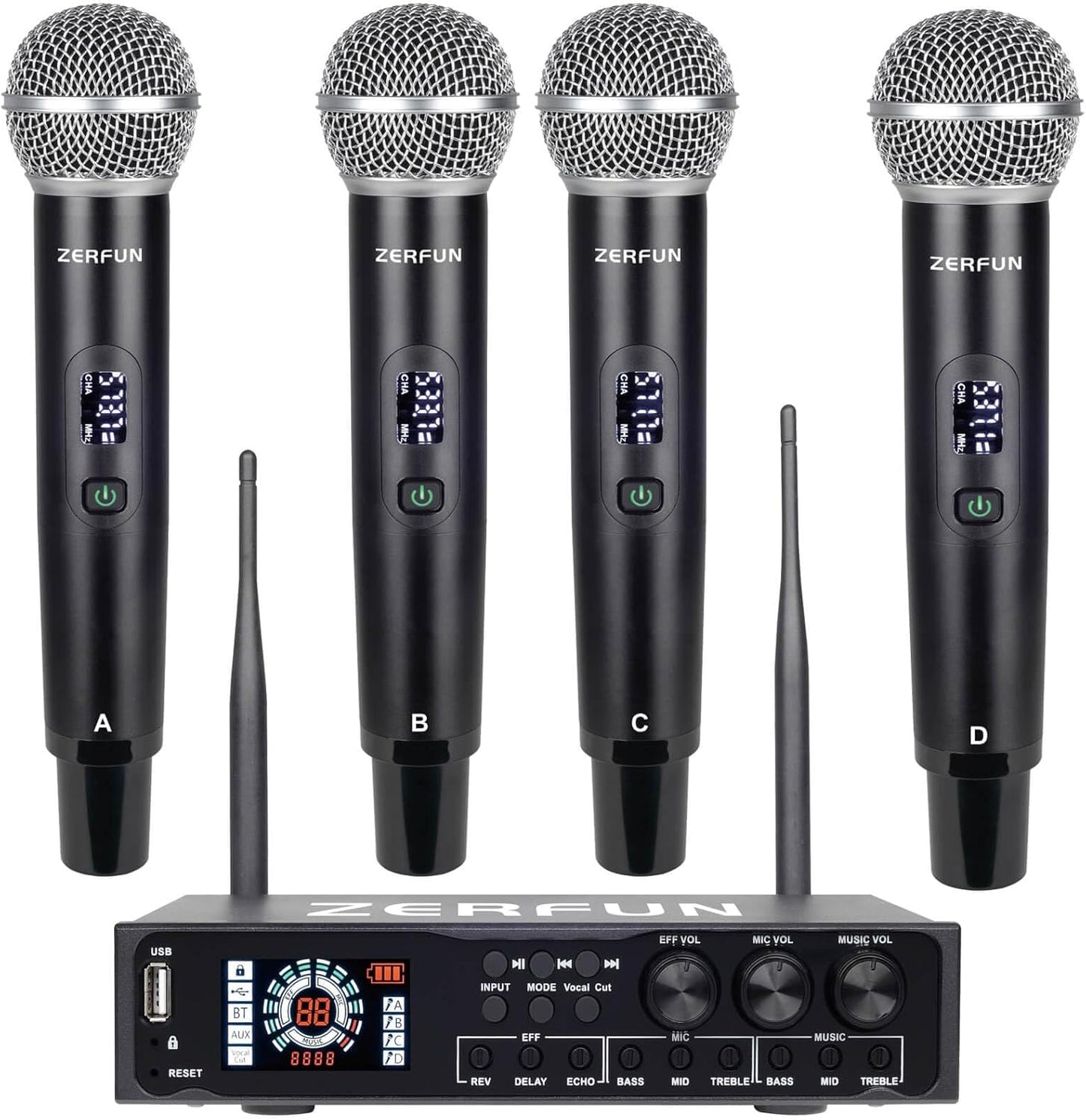 4 Channel Rechargeable Wireless Microphone System Pro & Pre Effector, UHF Metal Handheld Cordless Mics with Vocal Cut, Bluetooth, USB Port, XLR, 1/4, Optical, RCA Input/Output, LCD Display
