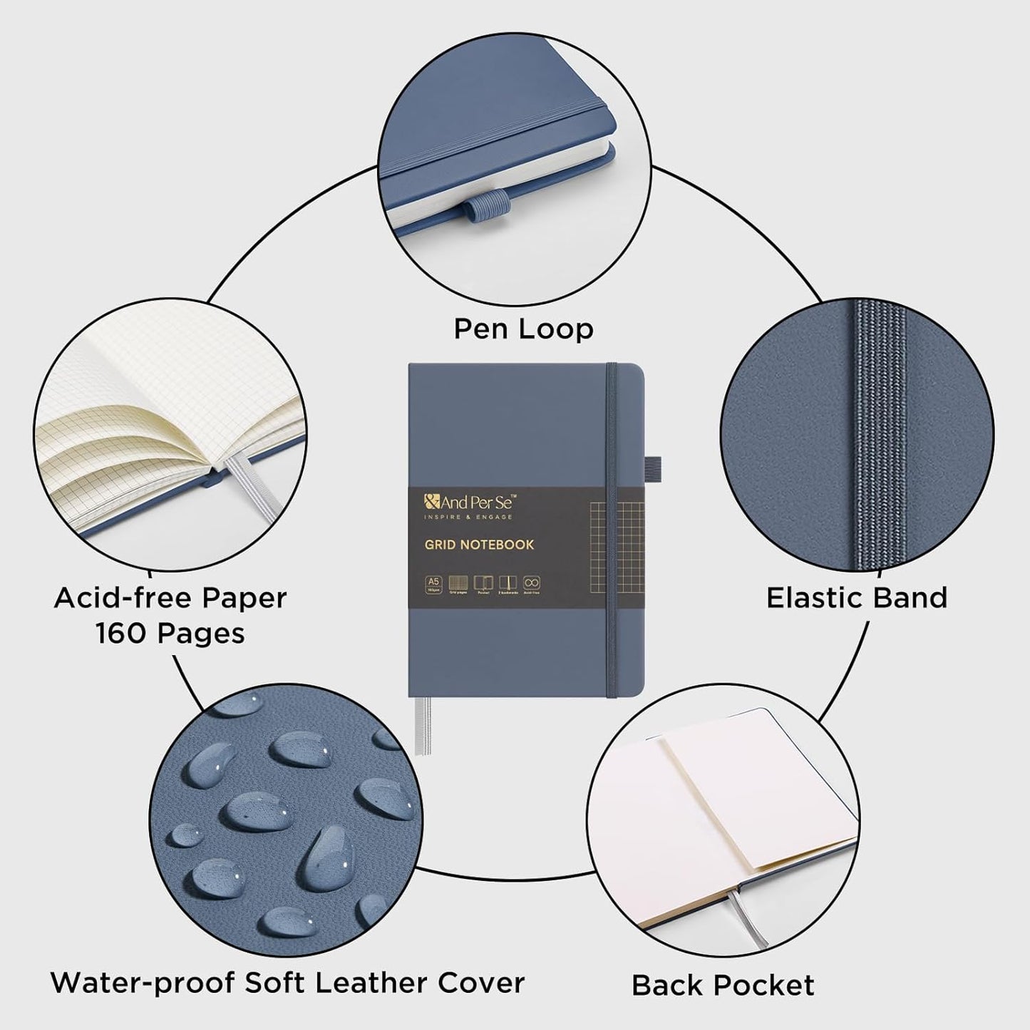 &And Per Se Graph Journal Notebook, 160 Pages, 5.7 x 8 inches College Ruled Thick Paper Notebook Journals for Writing, Grid Hardcover Notebook(1 Pack, Dark Blue)