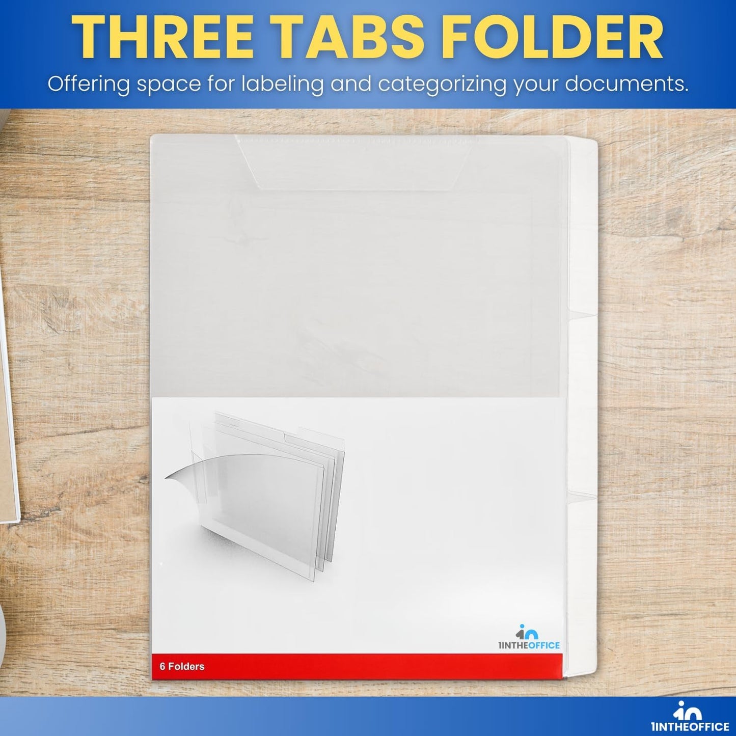 1InTheOffice Clear Plastic Folder Letter Size, Poly File Folder 3 Tab, (6 Pack)