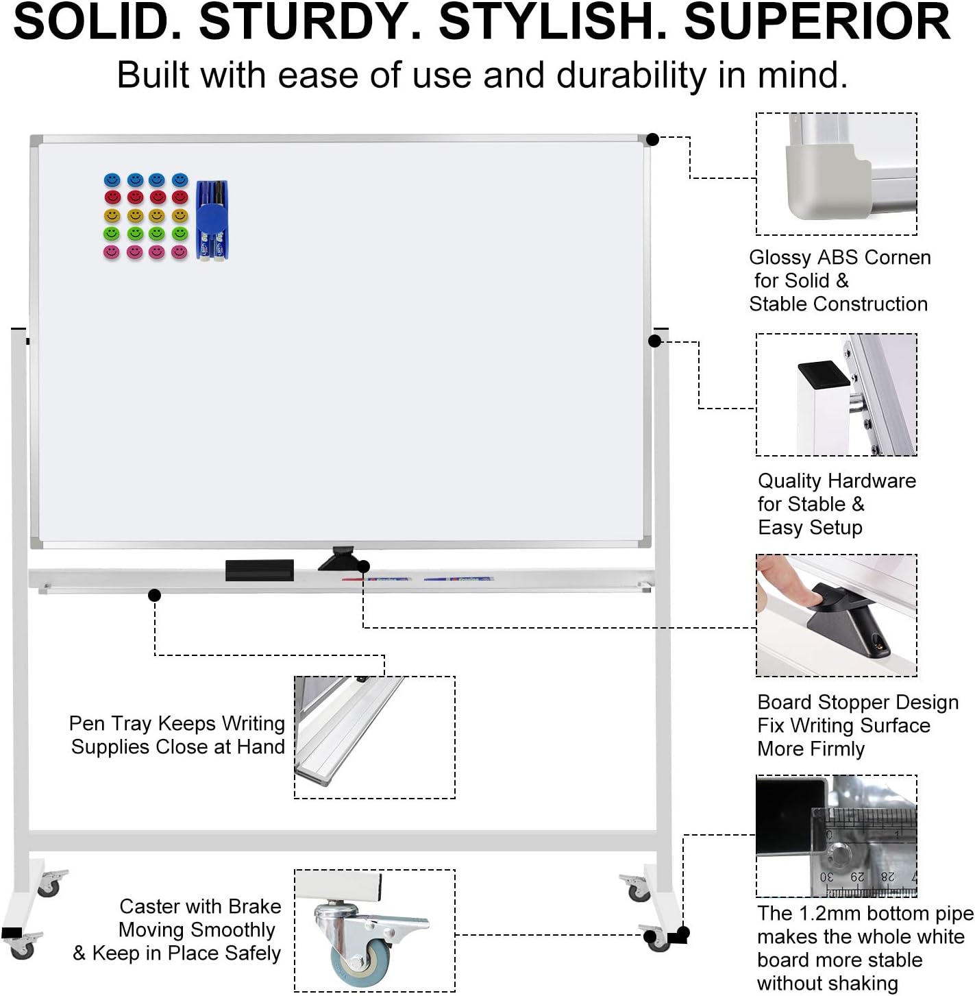 60"x40" Mobile Whiteboard Double-Sided Magnetic Large Dry Erase White Board with Rolling Stand for Offices, Home & School