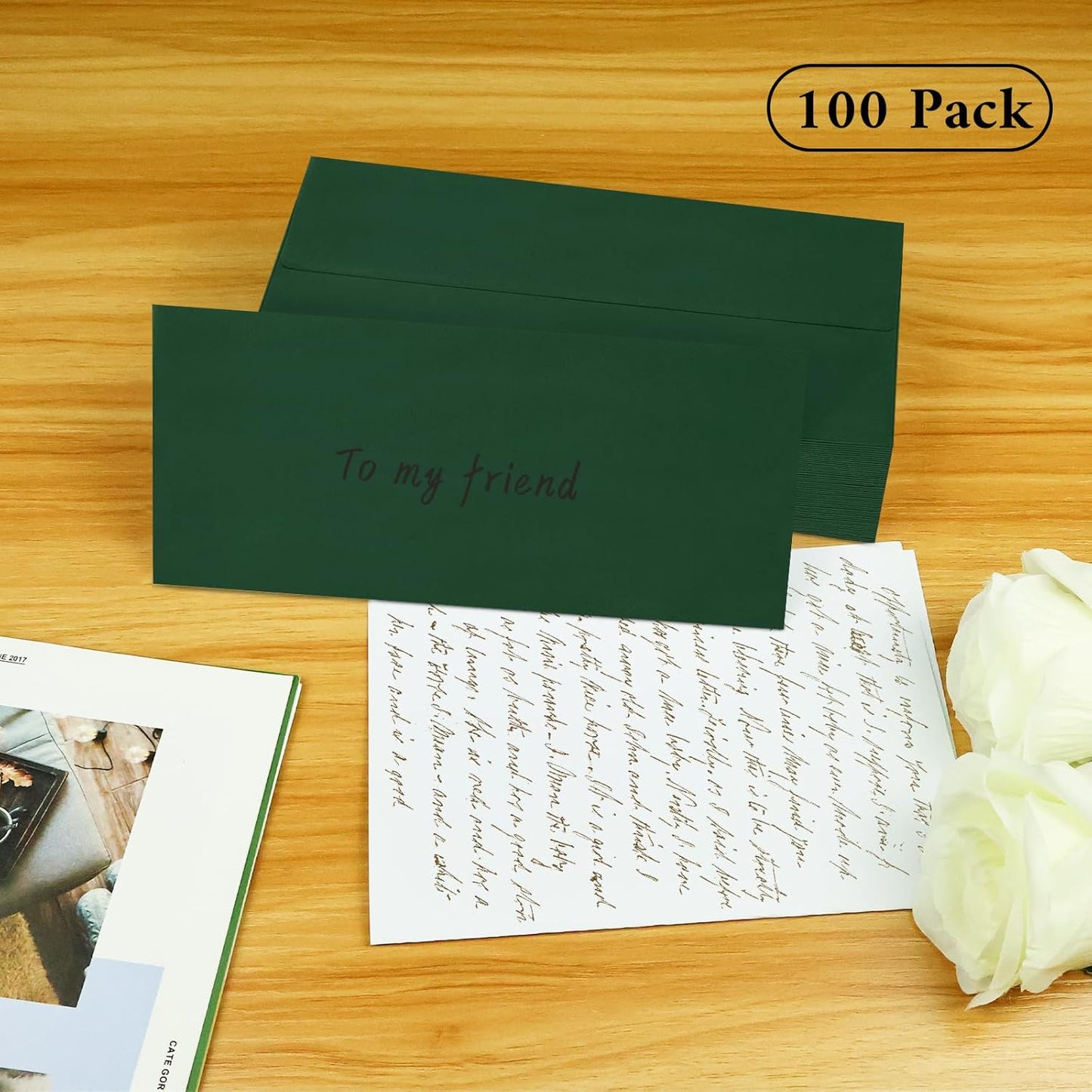 100 Pack #10 Business Envelopes, Dark Green Standard Envelopes Self Seal, Letter Size Mailing Envelopes for Checks Letters Invoices Statements Christmas Birthday Graduation Wedding, 4 1/8 x 9 1/2 Inch