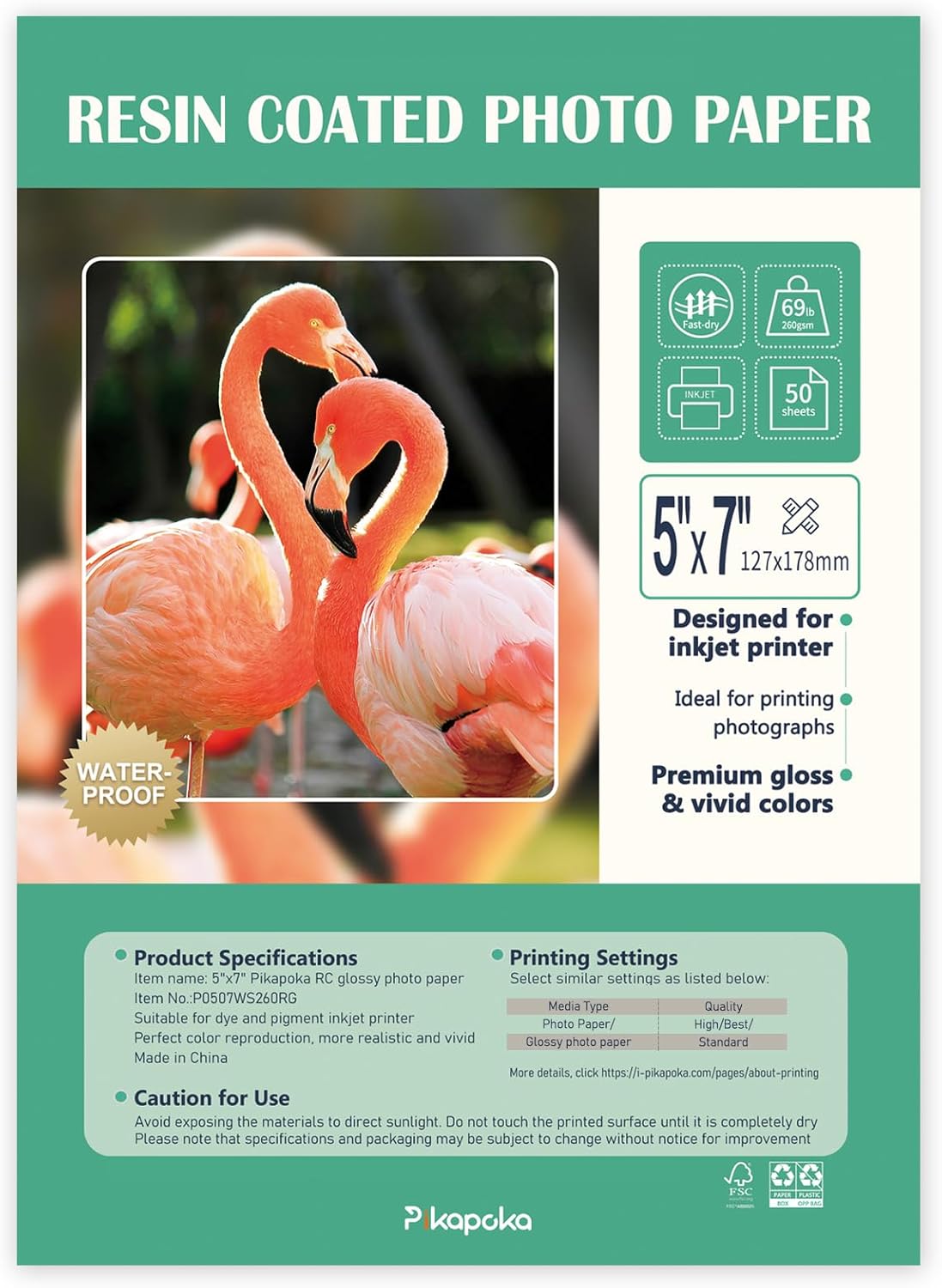 Ultra-Premium Glossy RC Photo Paper, Professional and Heavyweight Metallic Resin Coated Photo Paper, Pigment and Dye Inkjet Printer Suitable, Waterproof, 5x7, 50 Pack