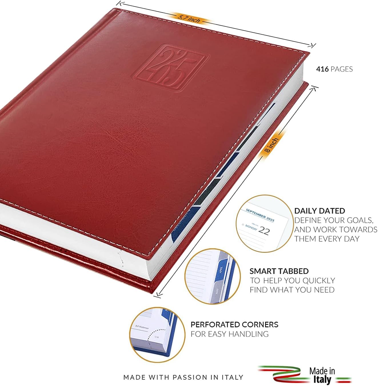 Daily Planner 2025 Page a Day – A5 Business Agenda 2025, Hourly Daily Planner 5x7, 365 Page Organizer with Monthly Tabs & Calendar, 2025 Diary for Men and Women (RED 2025)