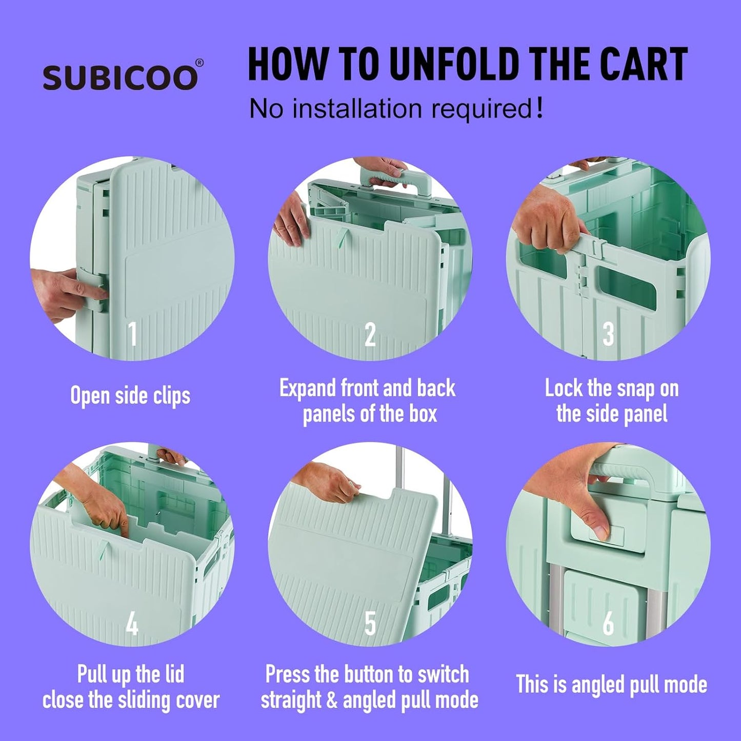 Folding Utility Cart Portable Rolling Crate Handcart Shopping Trolley Collapsible Tool Box, with Lid, on 4 Rotate Wheels, for Grocery, Shopping, Office, Camp, Teacher (Green)