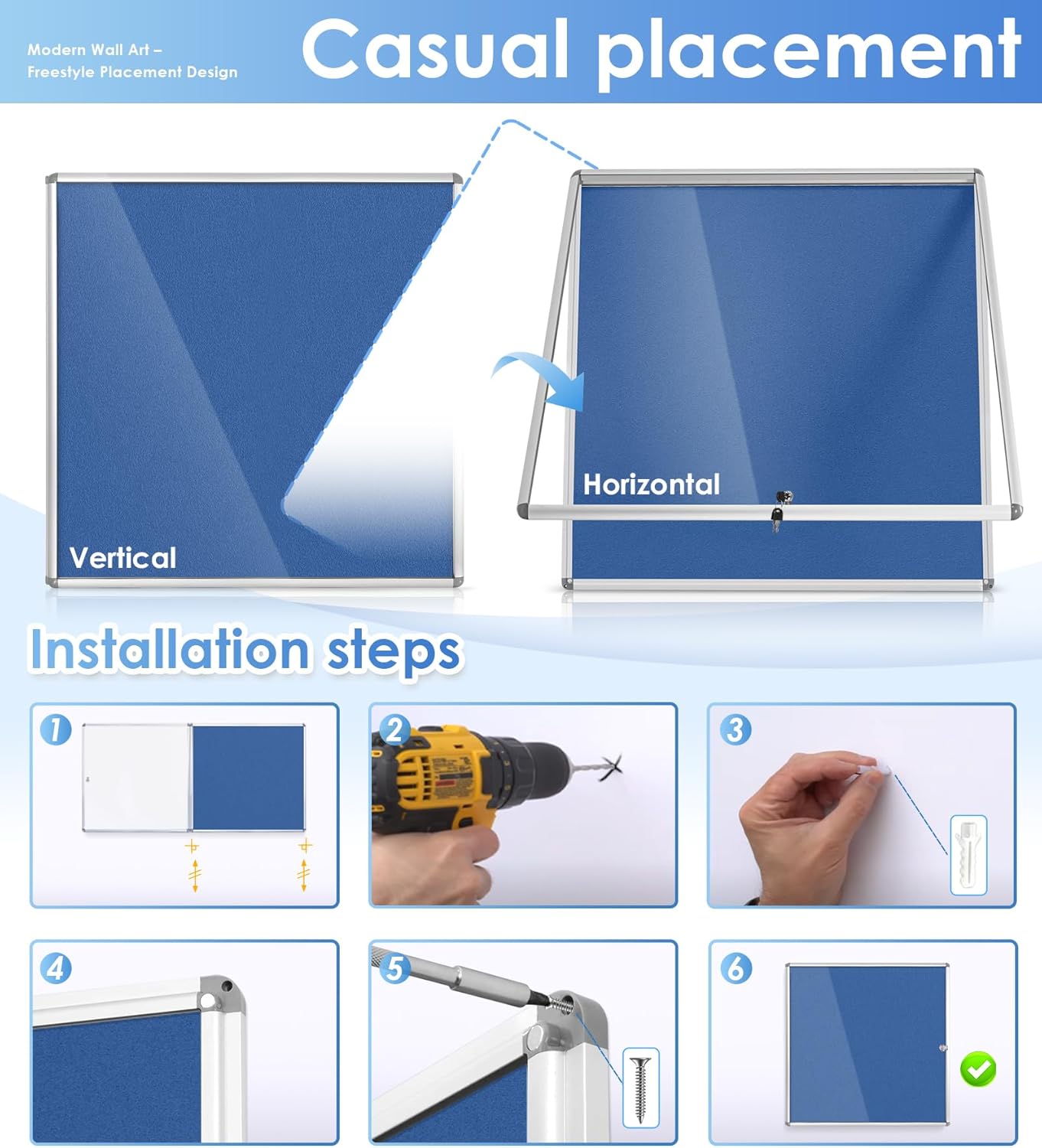 SWANCROWN Pins Bulletin Board Enclosed Lockable Noticeboard Glass Display Case for Home Office School,Blue Fabric,38"x38" (12xA4)