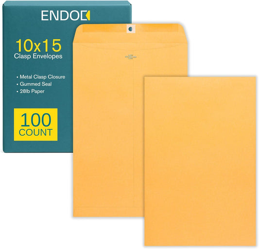 EnDoc 10 x 15 Clasp Envelopes - 100 Pack Brown Kraft Catalog Mailing Gummed Seal Envelope - 28lb Heavyweight 10x15 Inches Manila Envelopes for Home, Office, Business, Legal or School