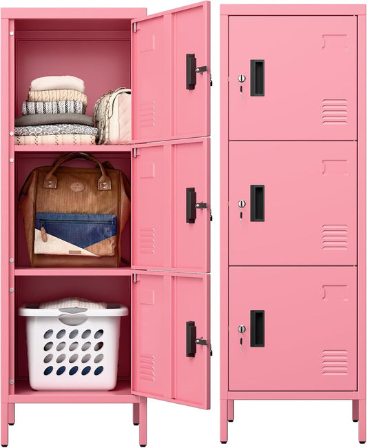Aobabo 16" W 3 Door Metal Storage Locker with Lock, 47" H Steel Locker with Name Card Holder and Metal Leg for School, Home, Office, Playroom, Assembly Required, Pink