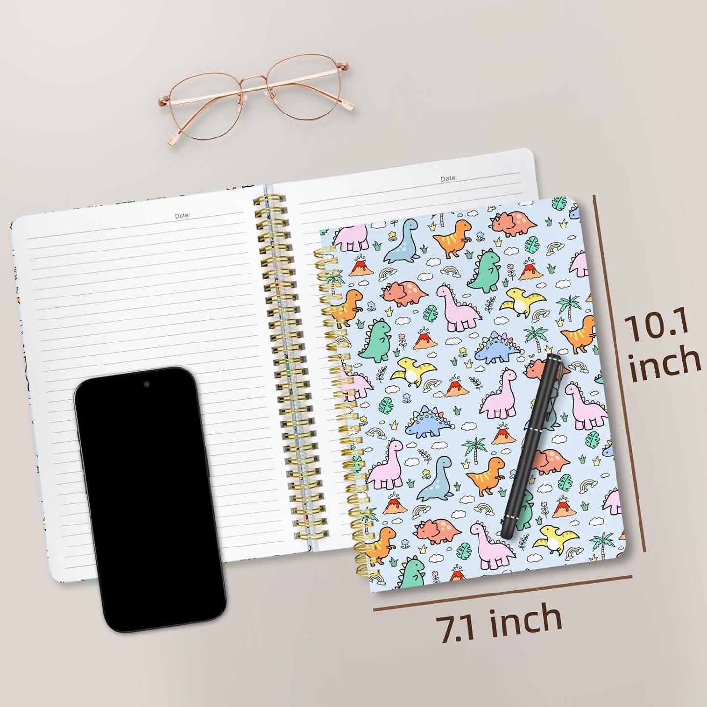 Cute Spiral Notebook journal B5 Aesthetic Pretty Design for Women Girls Kawaii with Pocket, 10 x 7.2 inch, Lined, Little Dino