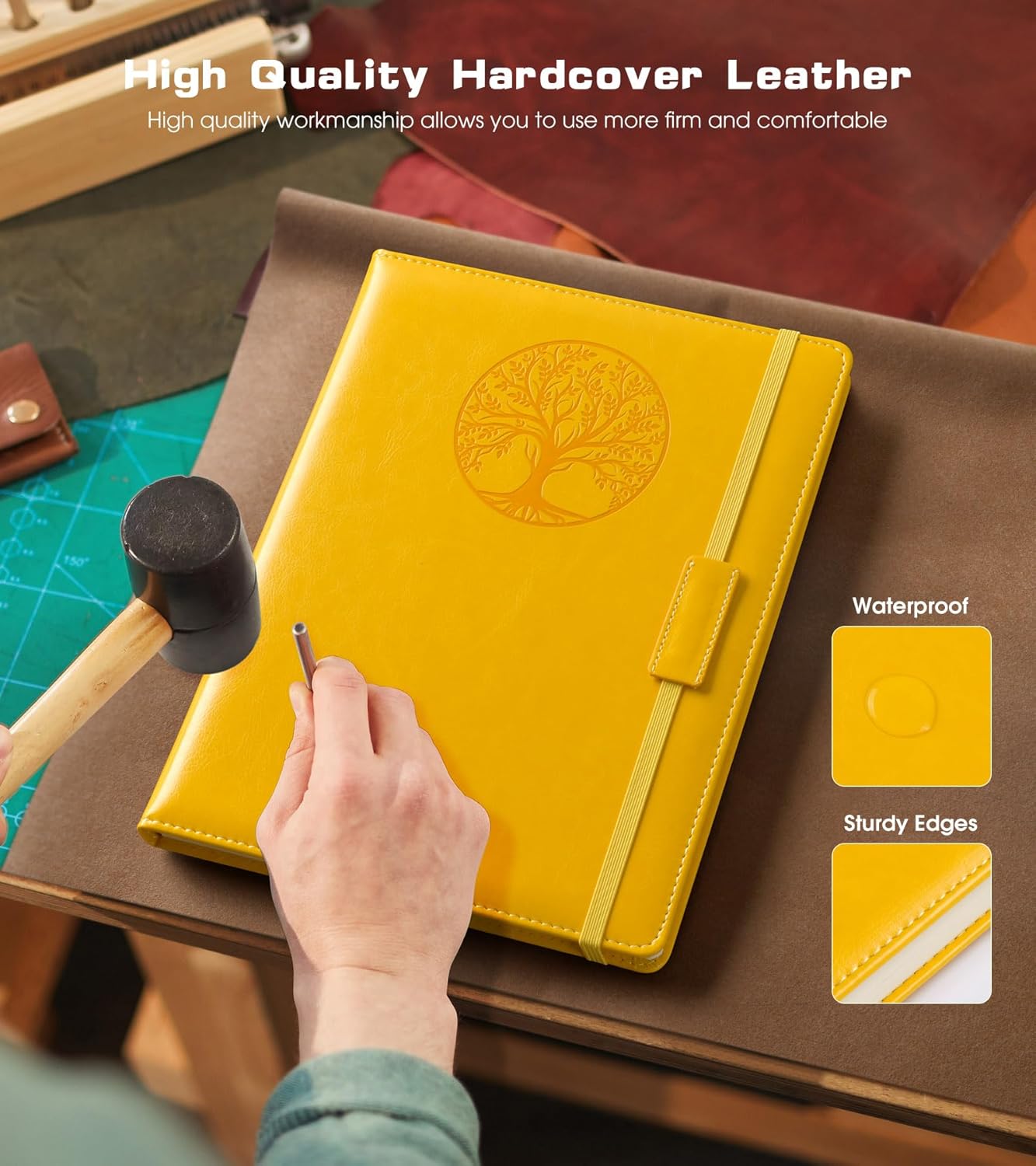 Lined Journal Notebook for Women Men,256 Pages A4 Large Hardcover Leather Journals for Writing,Travel,Business,Work,School,College Ruled Notebooks for Note Taking,Diary Notepad 8.6"×11"(Yellow)