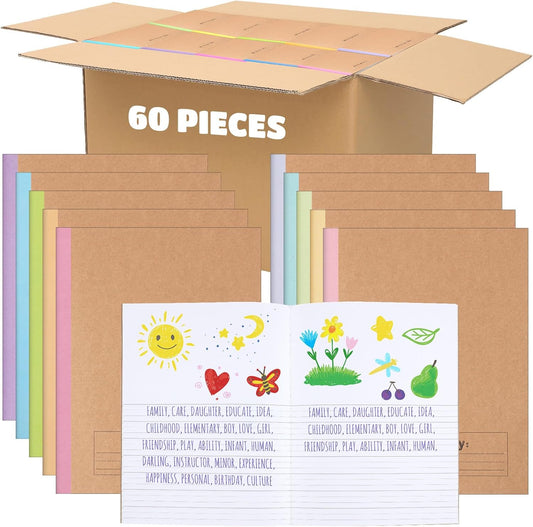 Henoyso 60 Pcs Primary Composition Notebook 9 3/4 x 7 1/2 Inch Kids Journal, Back to School Supplies, K-2 Primary Writing Notebook for Kids Student Draw and Write Story Journal (Macaron Color)