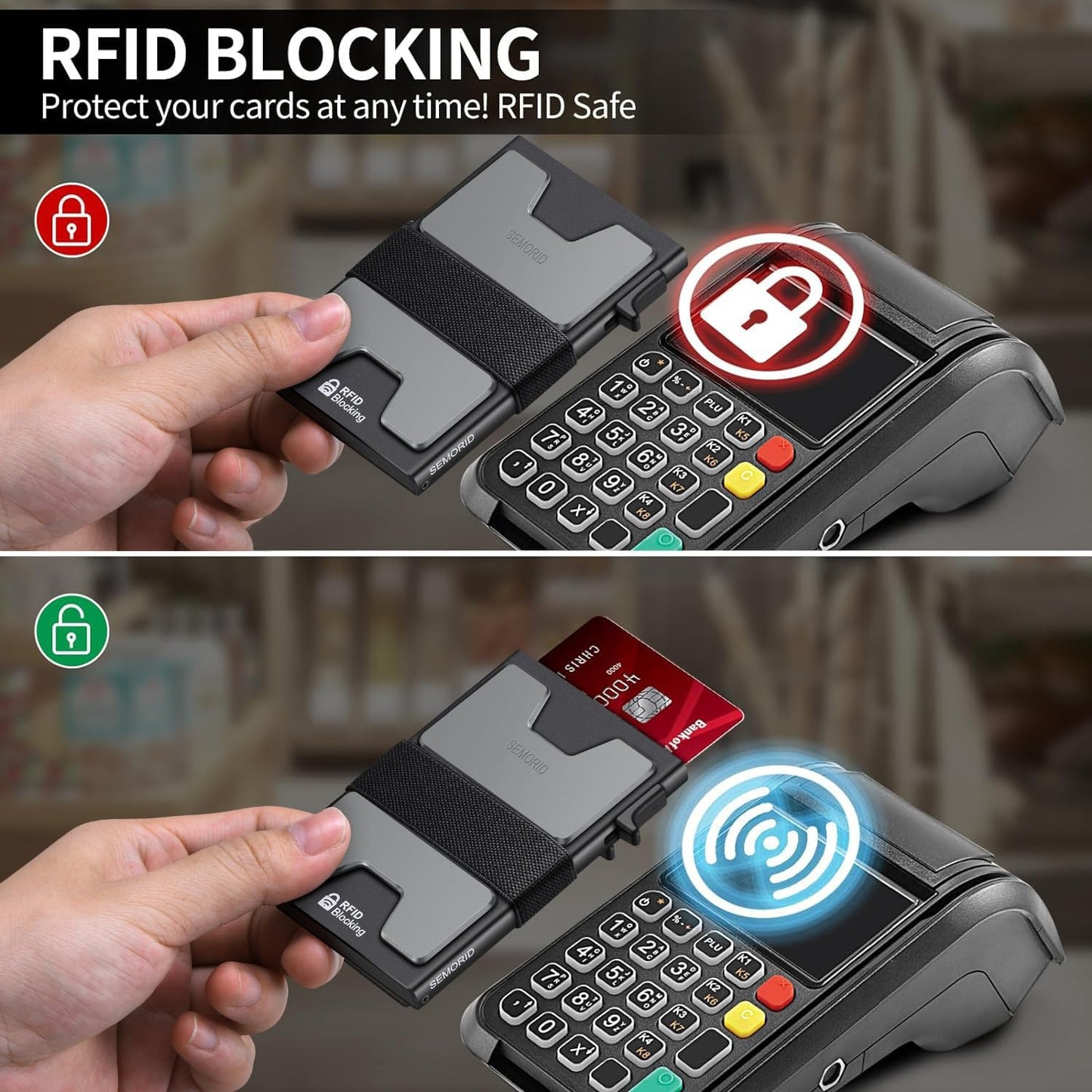 Slim Aluminum Card Holder Wallet for Men, Durable Expandable Backplate, RFID Blocking Minimalist Metal Pop Up Wallet, Holds 12+ Cards Plus Cash