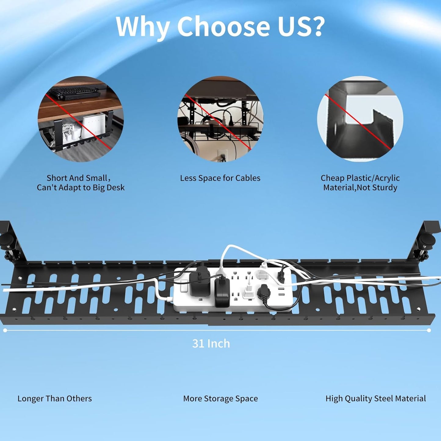 WIGAKDRU 31Inch Extendable Under Desk Cable Management Tray, Black Metal Cable Management Tray Under Desk Cord Management with Clamp, 31 Inch x 4.33 Inch