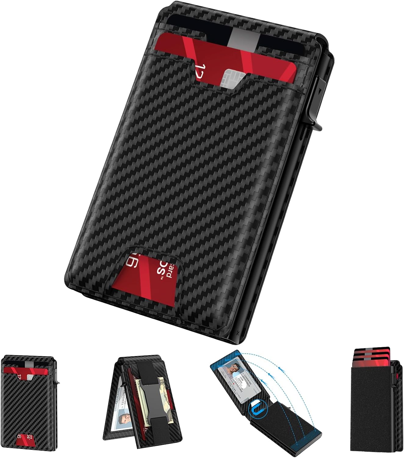 typecase Mens Wallet Card Holder: Pop Up Card Case, Genuine Leather, RFID Blocking, Smart, Slim, Minimalist, Thin - 13 Card Capacitiy, ID Window, Cash Strap (Carbon Fiber)