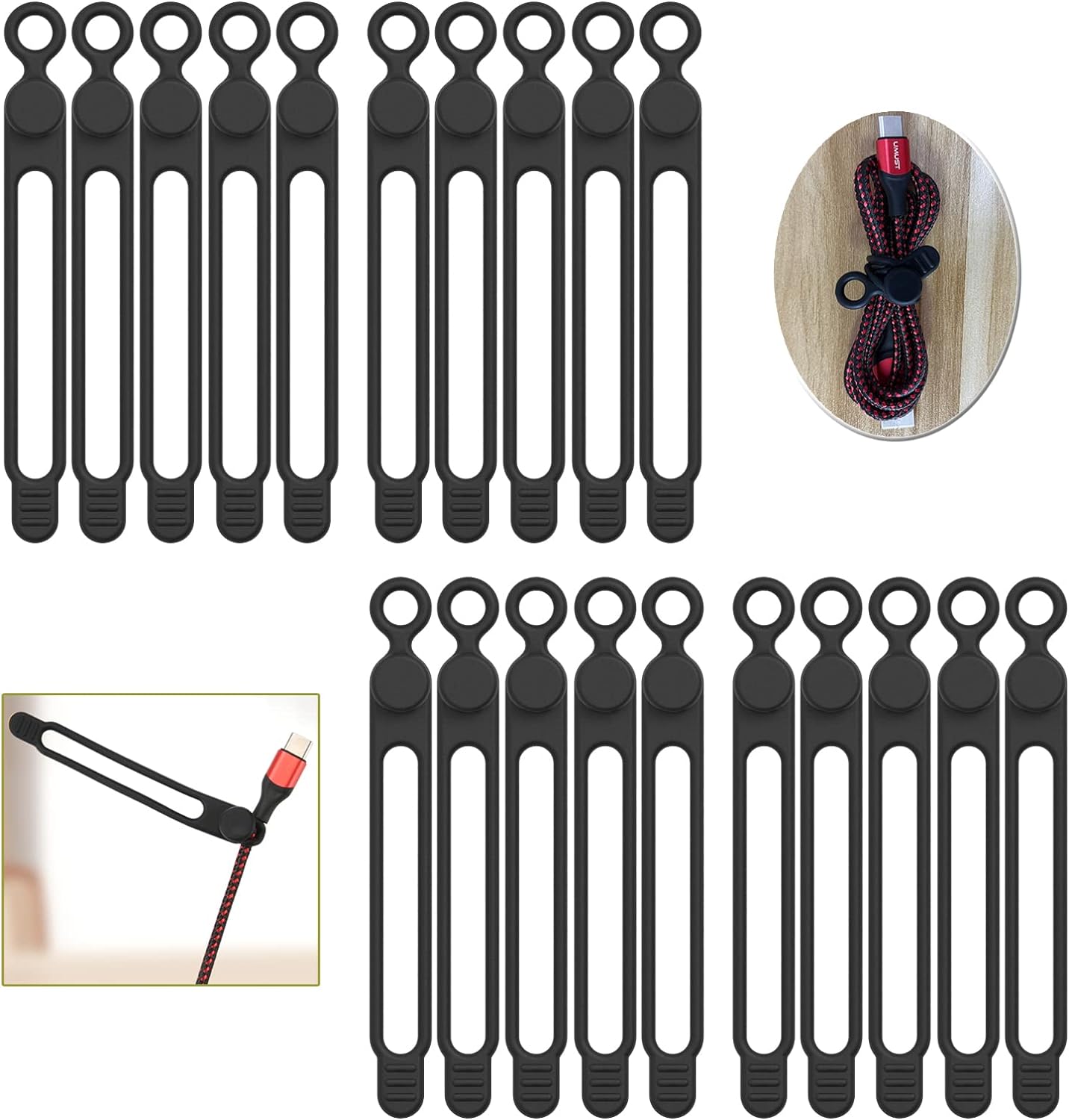 [20Park]UMUST Silicone Cable Ties, Reusable Cable Management Organizer, Cord Tie,Multipurpose Elastic Cord Organizer for Bundling and Fastening Cable Cords Wires(black)