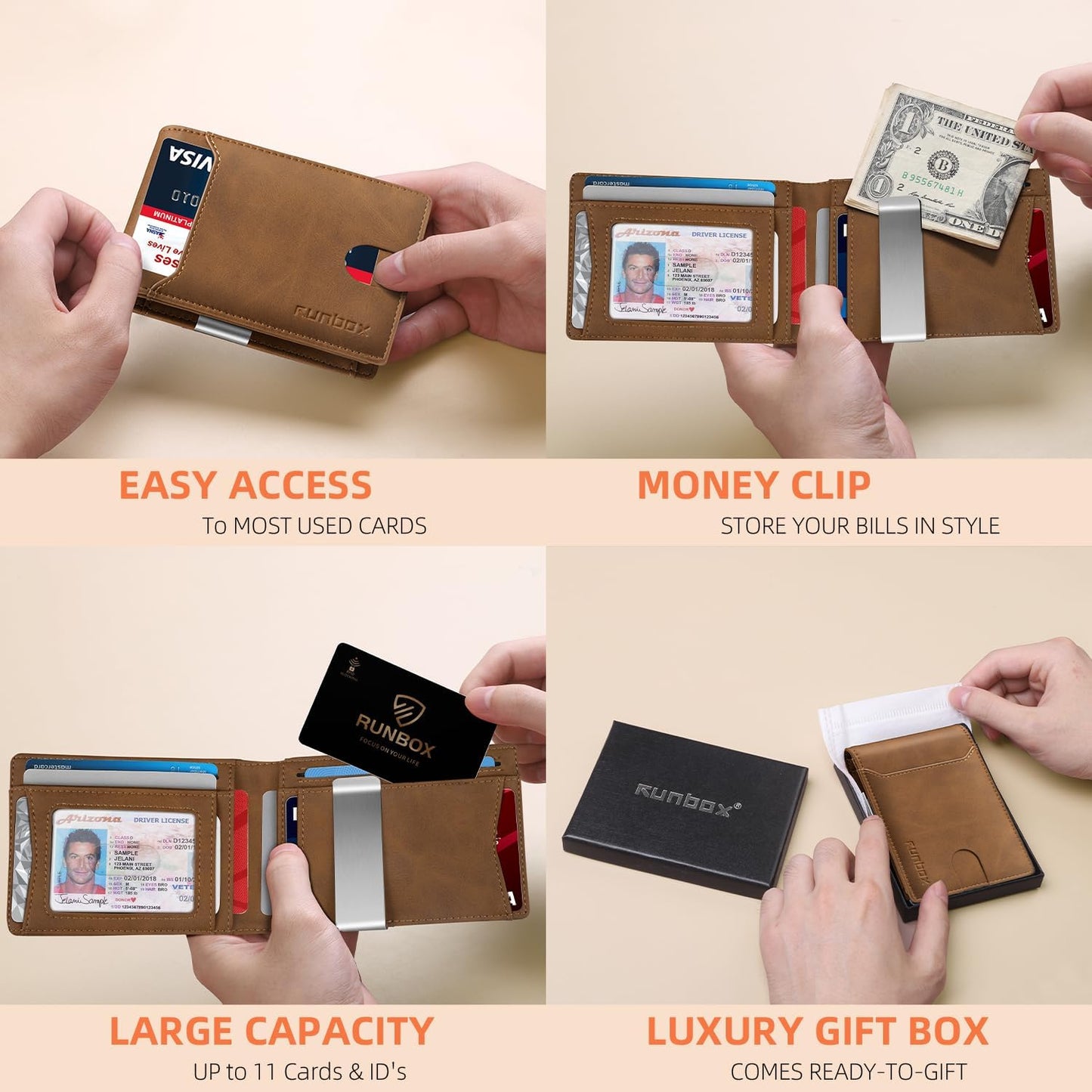 RUNBOX Slim Wallets for Men - Leather Money Clip Mens Wallet - RFID Blocking Front Pocket Bifold Wallet - Thin Credit Card Holder with Gift Box