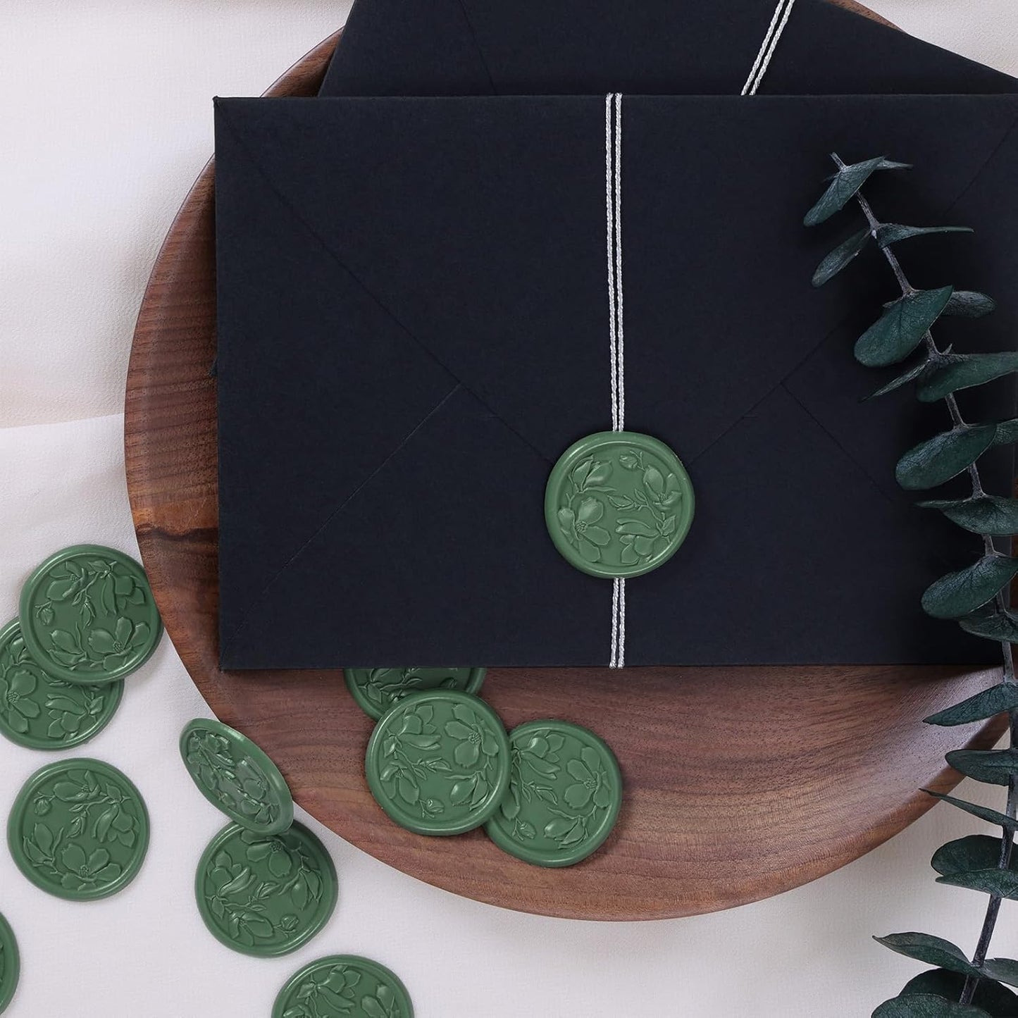 UNIQOOO Wax Seal Stickers - 3D Magnolia Wedding Invitation Envelope Botanical Seal Stickers, 50 Pcs Self- Adhesive Olive Green Sticker, Perfect for Invitation, Christmas, Gift Wrapping, Party