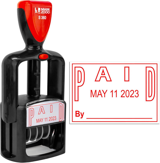 Self-Inking Rubber Date Office Stamp with Paid Phrase - Red Ink - 12-Year Band