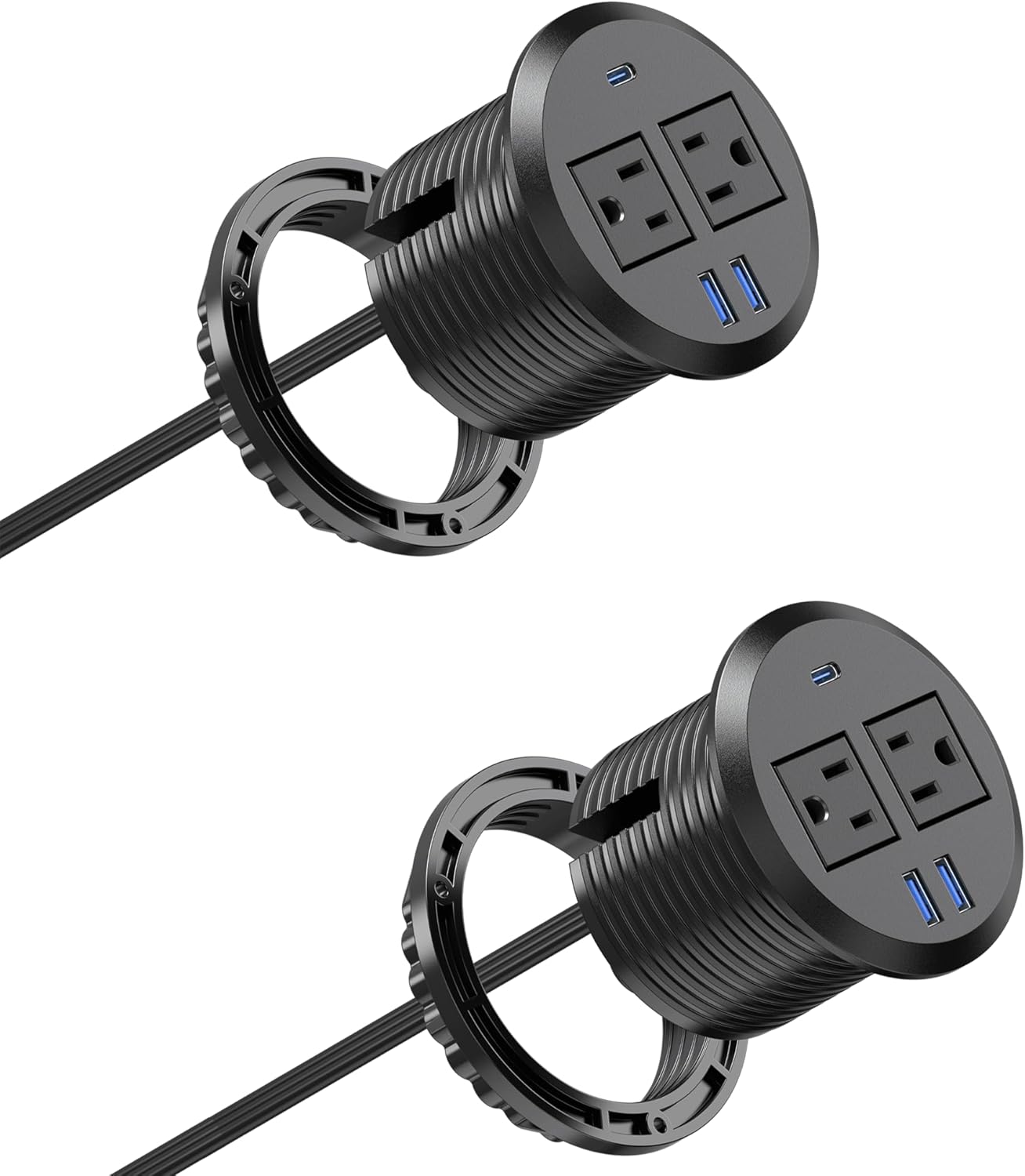 3 inch Desktop Power Grommet USB C,20W Fast Charging Station,Furniture Recessed Power Strip,2 Outlets,3 USB Ports,Flush-Mount for Desktop, Workspace Essential Desk Outlet,2 Pack (Black)
