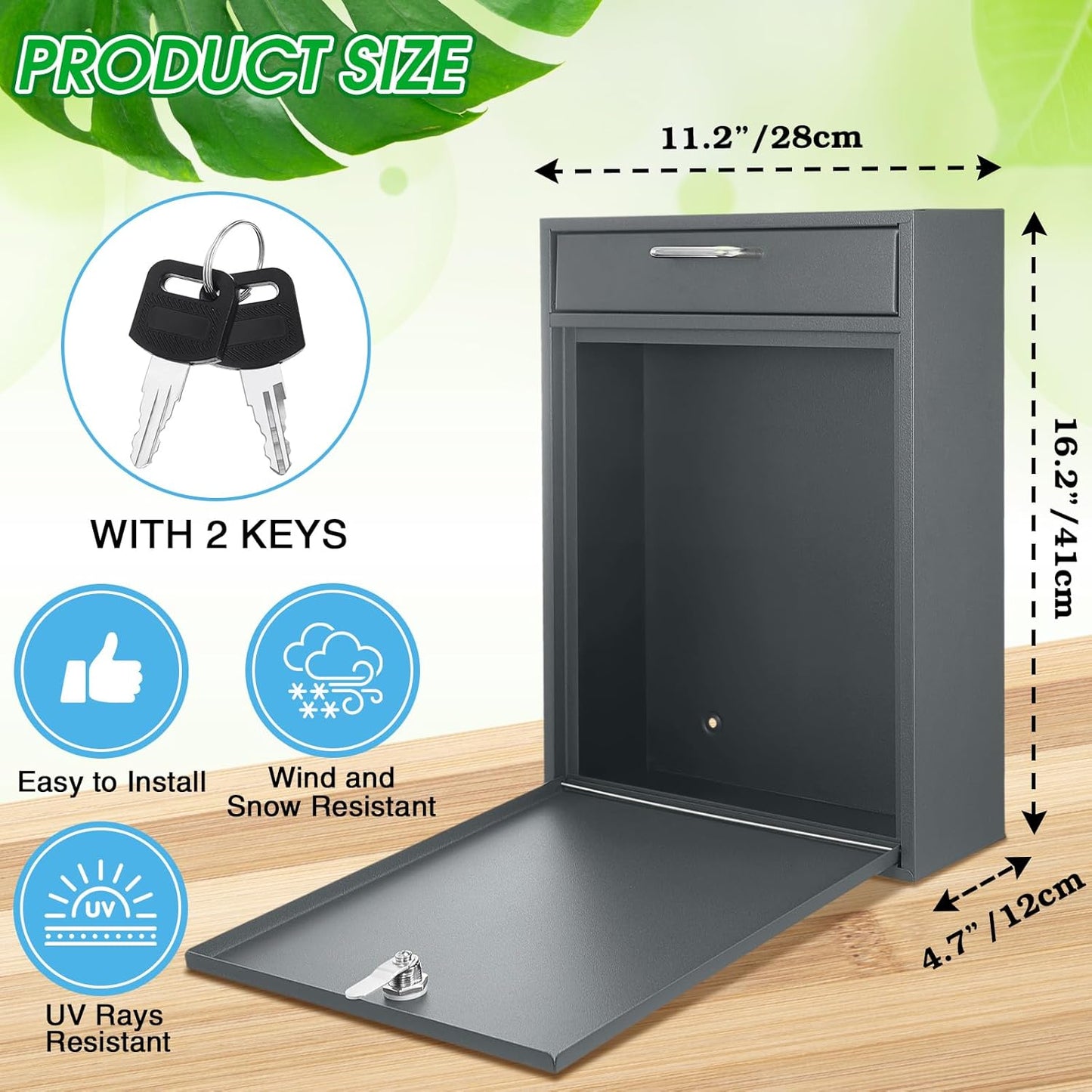 Locking Mailbox with Key for Outdoor 16.2 x 11.2 x 4.7 Inches Large Wall Mount Mail Box with Lock Security Mail Drop Metal Collection Boxes Hanging Secure Postbox(Dark Gray)