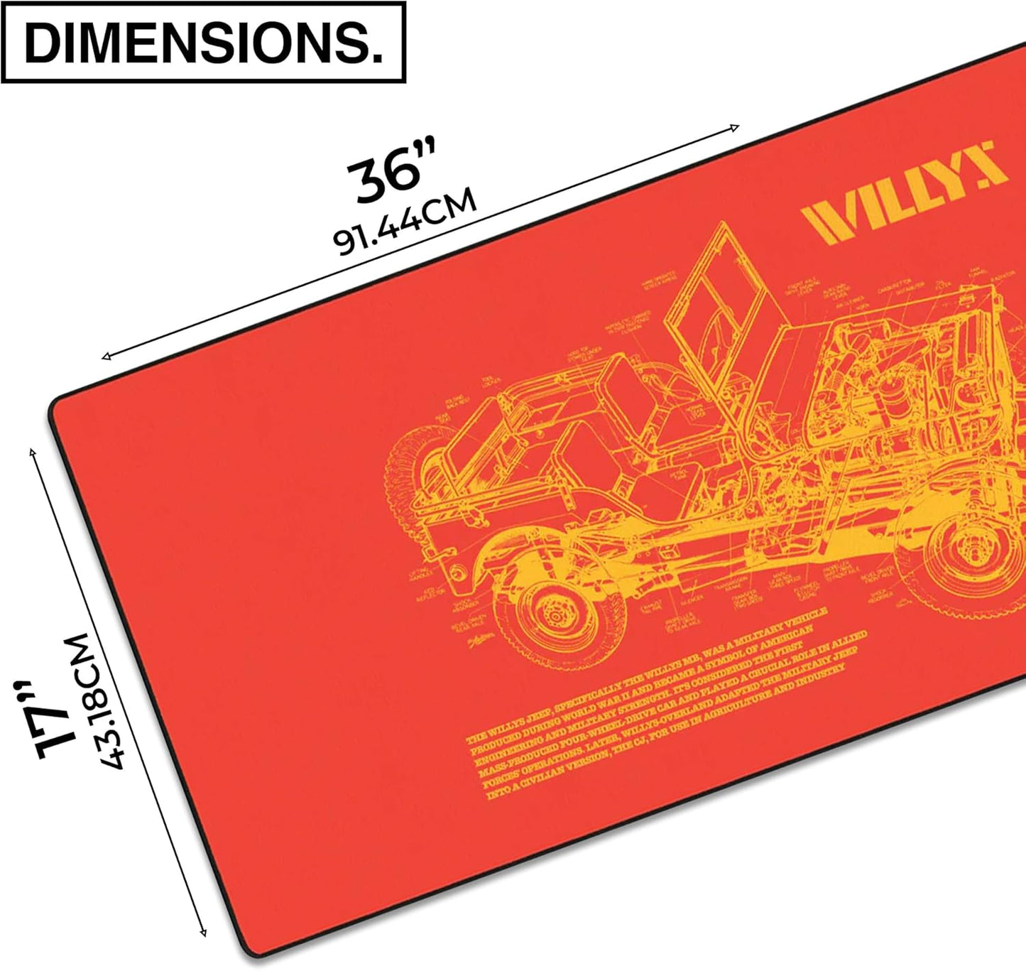 MPCO. Blueprints Large Gaming Desk Pad - 36" x 17" Duraglyde Fabric Willys Jeep – Orange Desk Mats - Non-Slip, Washable, Smooth Glide for Precision Gaming & Work
