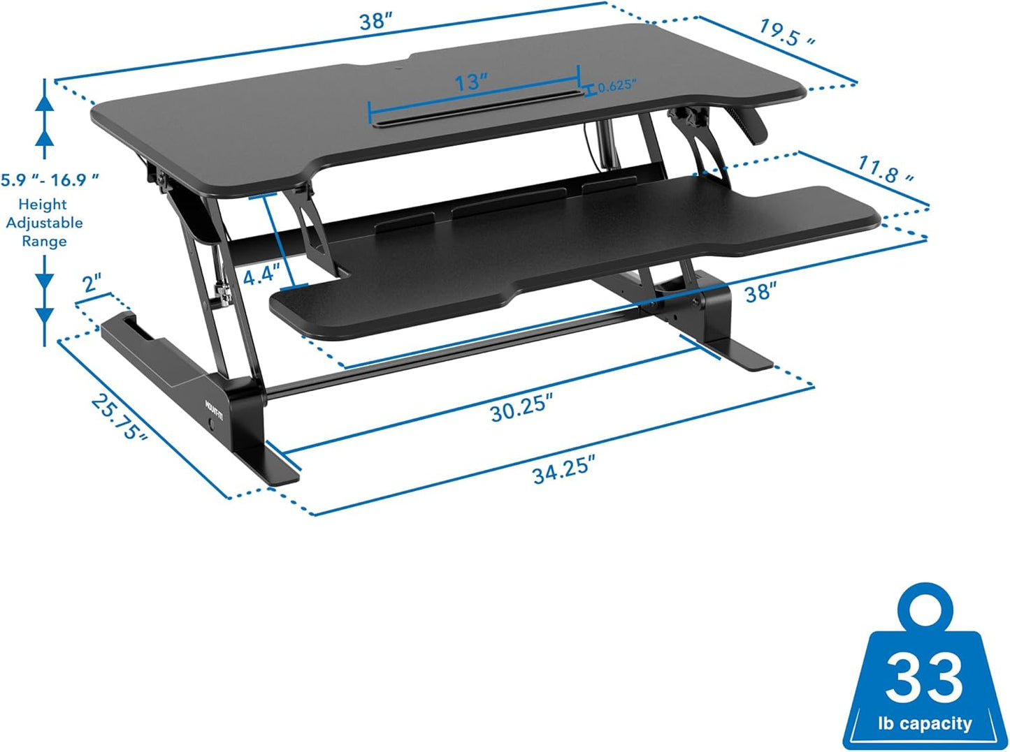 Mount-It! Height Adjustable Standing Desk Converter, 38” Wide, Stand Up Desk Riser for 2 Monitors, Manual Gas Spring Desktop Raises to 16.9", Fits Two Monitor Screens with Keyboard Mouse Tray in Black