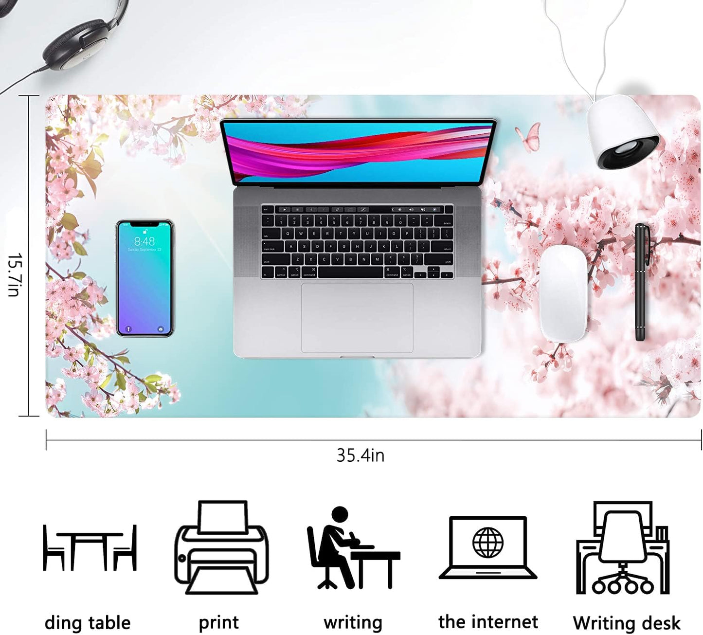 Extended Large Gaming Mouse Pad Dreamy Romantic Pink Sakura Butterflies XXL Size Keyboard Mouse Mat Desk Pad with Non Slip Rubber Base Stitched Edges Office Decor for Women Girls Men,35.4 x 15.7inch