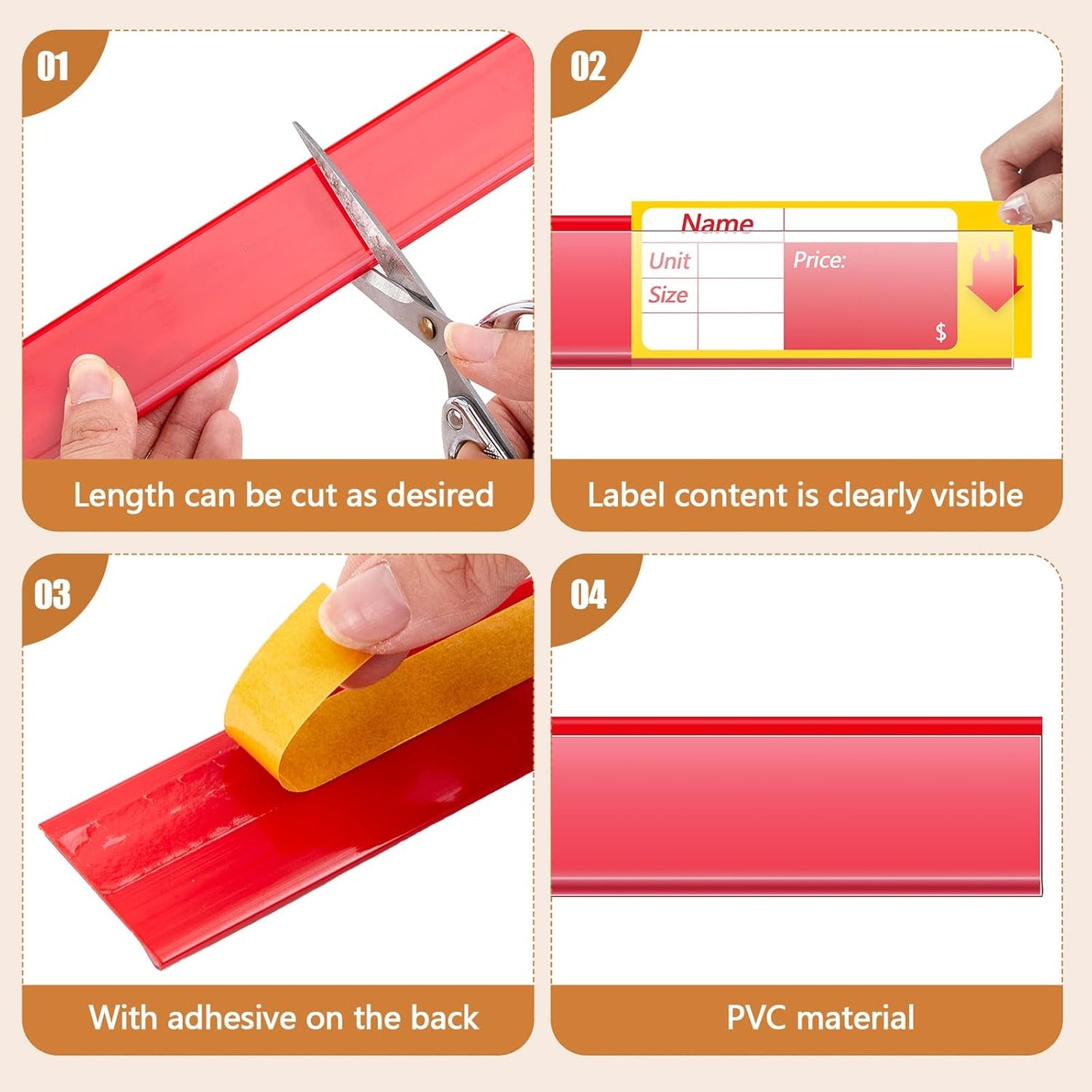 Spiareal 50 Pcs 47.8 x 1.38 Inch Shelf Label Strips Adhesive Back Stick on Data Price Tag Holder Clear PVC Adhesive Ticket Channel for Supermarkets Convenience Shops (Red)