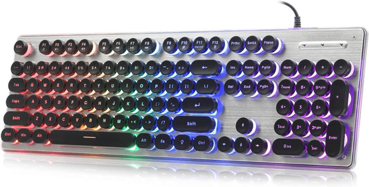 Typewriter Style Keyboard with Metal Panel, Rainbow LED Backlit, Round Keys, Anti-ghosting, Spill Resistant, Light Up USB Wired Retro 104 Keys for Office,Gaming, Black/Silver