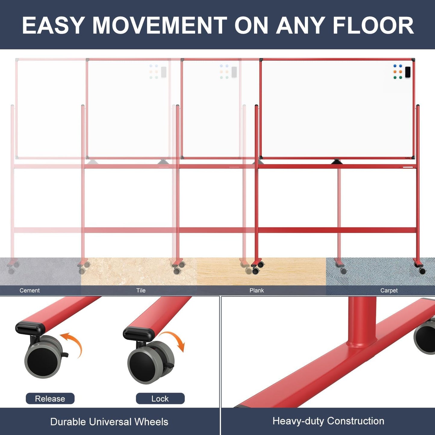Rolling Whiteboard, 48x32 Inches Dry Erase Board with Stand, Magnetic Mobile Whiteboard on Wheels, Standing White Board for Office, School, Home, Large Double Sided White Board with Paper Pad