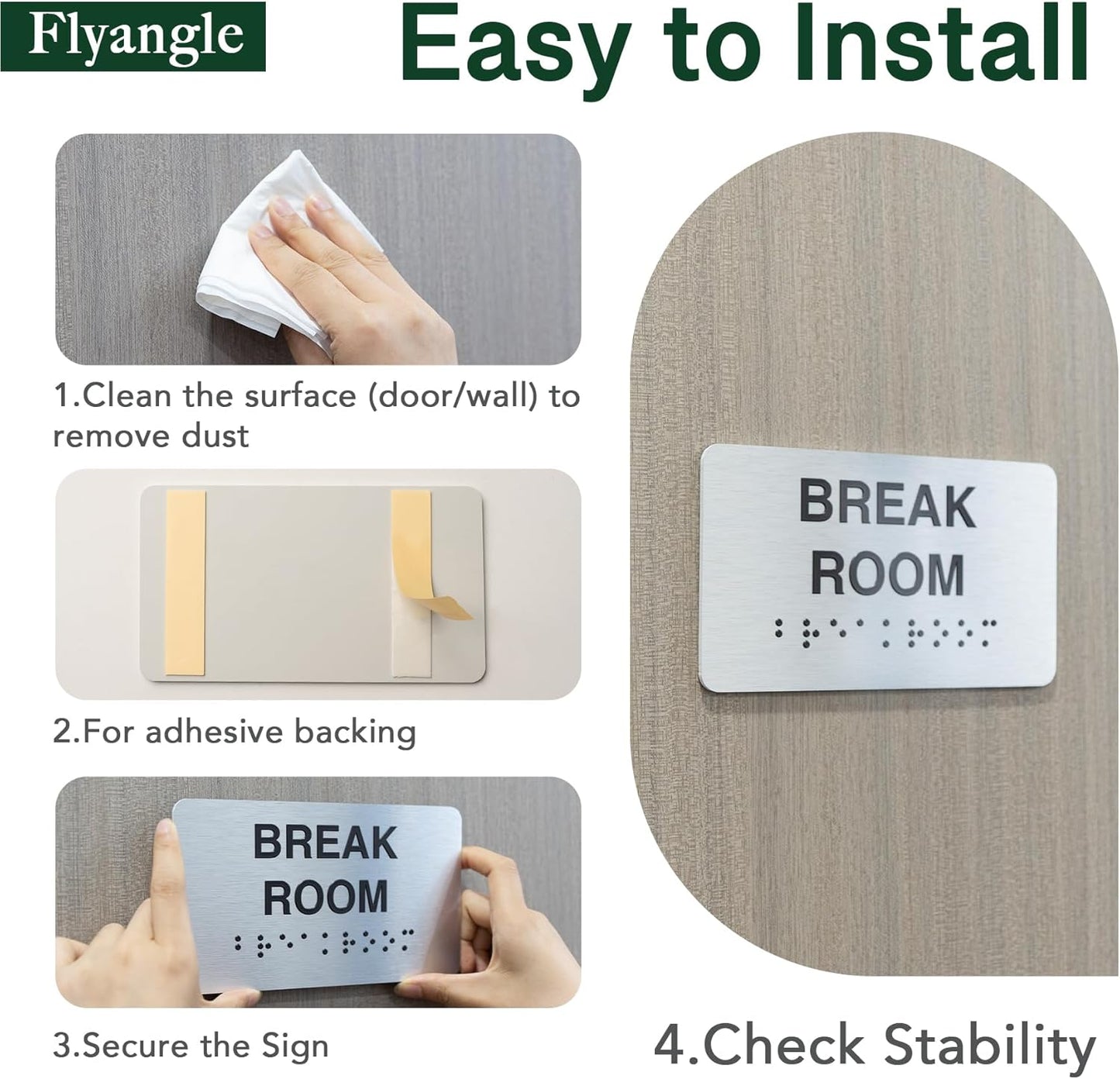 Break Room Signs for Business and Office Sign, ADA Signs with Raised Text & Grade 2 Braille, Easy Installation with Adhesive Pad – Brushed Aluminum/Silver