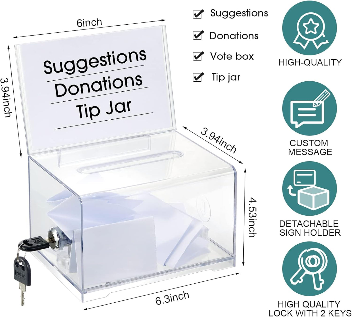 Chunful 10 Pcs Acrylic Donation Box with Lock and Sign Holder Clear Ballot Donation Boxes with Slot for Fundraising Suggestion Box Storage Container for Voting, Raffle Bowl, Tip Jar