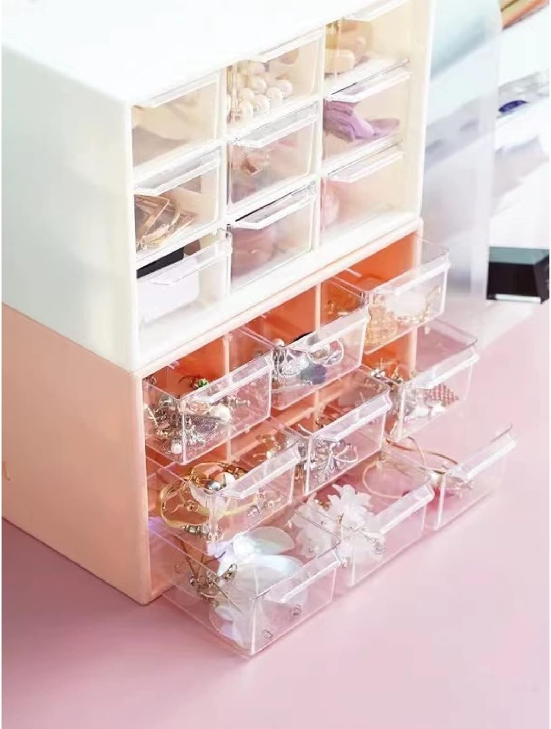 Feadily 2PCS Small Drawer Organizer for Desk, Desktop Drawer Organizer with 9 Clear Drawers, Plastic Desktop Storage Drawers 7.1 Inch x 3 .9 Inch x 4.7 Inch, Pink